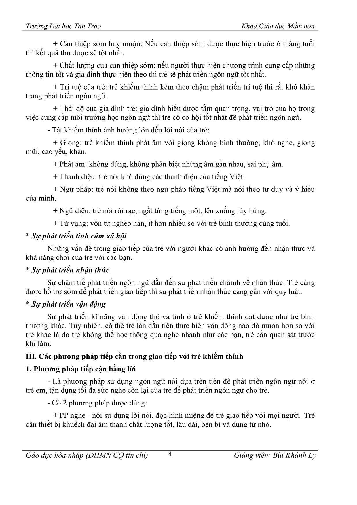 Giáo án Giáo dục hòa nhập - Chương 3: Hỗ trợ trẻ khiếm thính trong trường mầm non hòa nhập trang 4