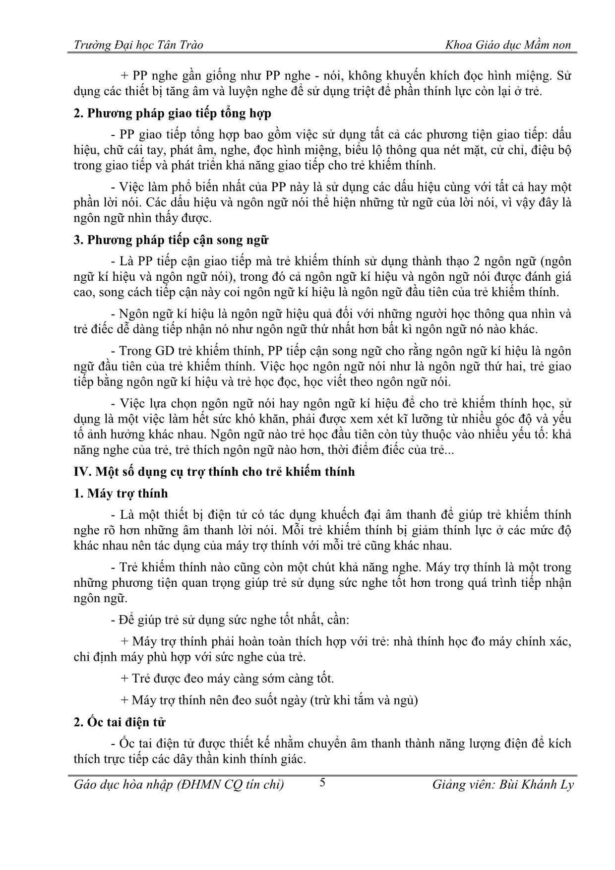 Giáo án Giáo dục hòa nhập - Chương 3: Hỗ trợ trẻ khiếm thính trong trường mầm non hòa nhập trang 5