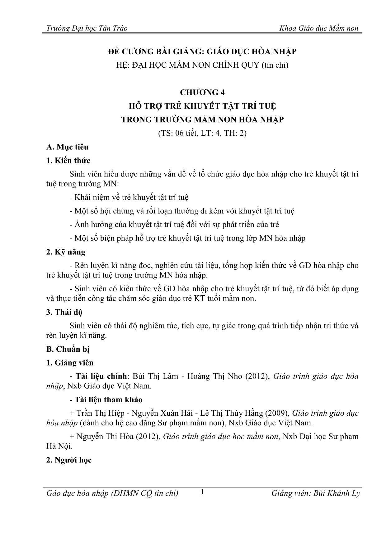 Giáo án Giáo dục hòa nhập - Chương 4: Hỗ trợ trẻ khuyết tật trí tuệ trong trường mầm non hòa nhập trang 1