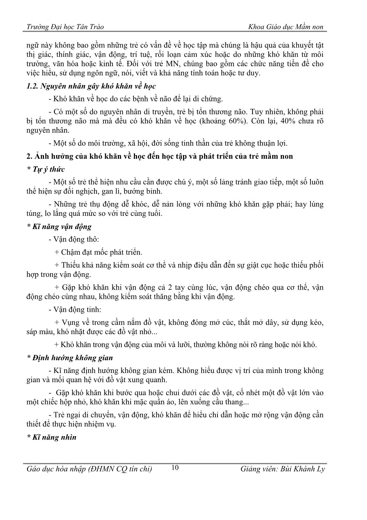 Giáo án Giáo dục hòa nhập - Chương 6: Hỗ trợ các nhóm khyết tật khác trong trường mầm non hòa nhập trang 10