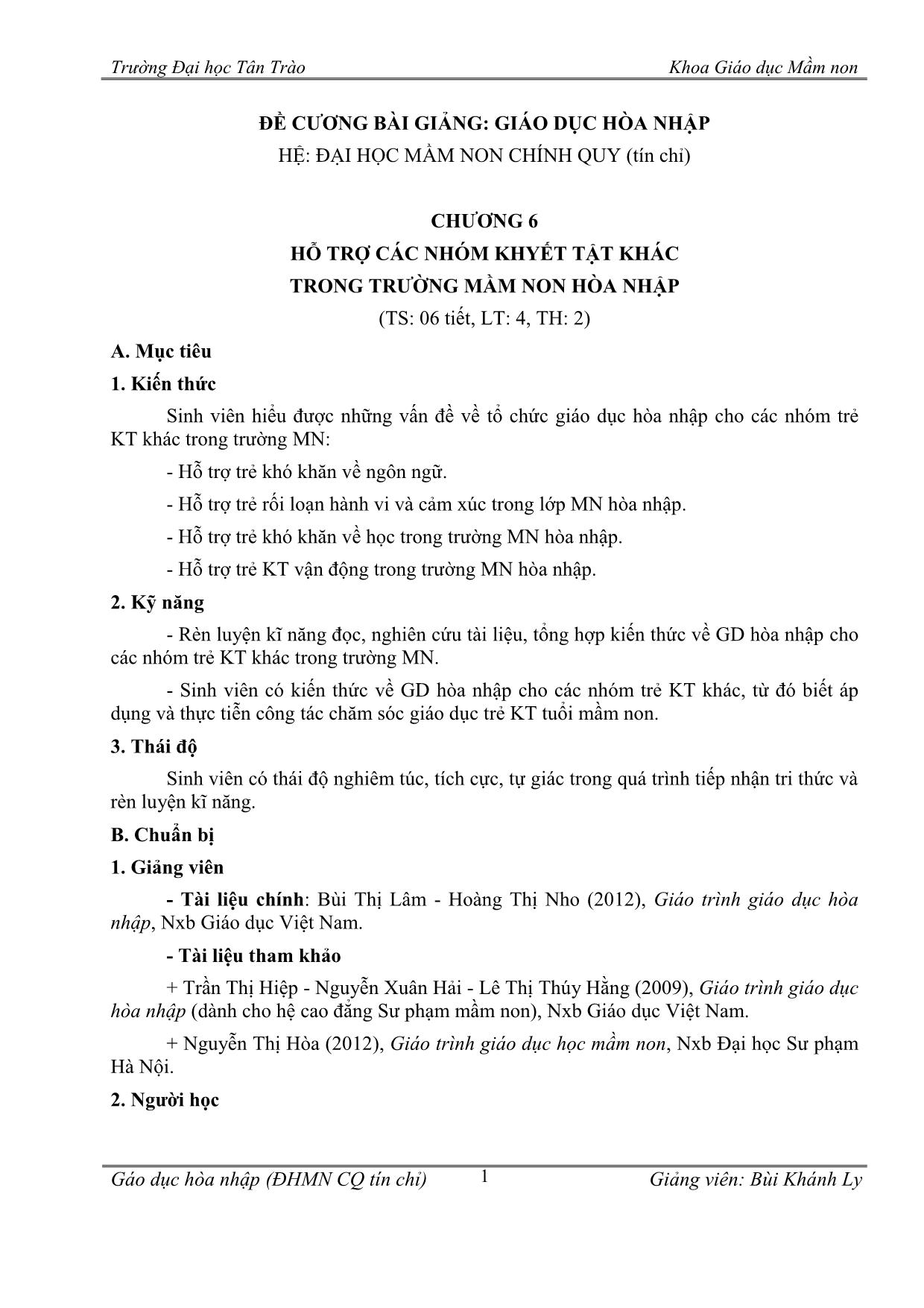 Giáo án Giáo dục hòa nhập - Chương 6: Hỗ trợ các nhóm khyết tật khác trong trường mầm non hòa nhập trang 1