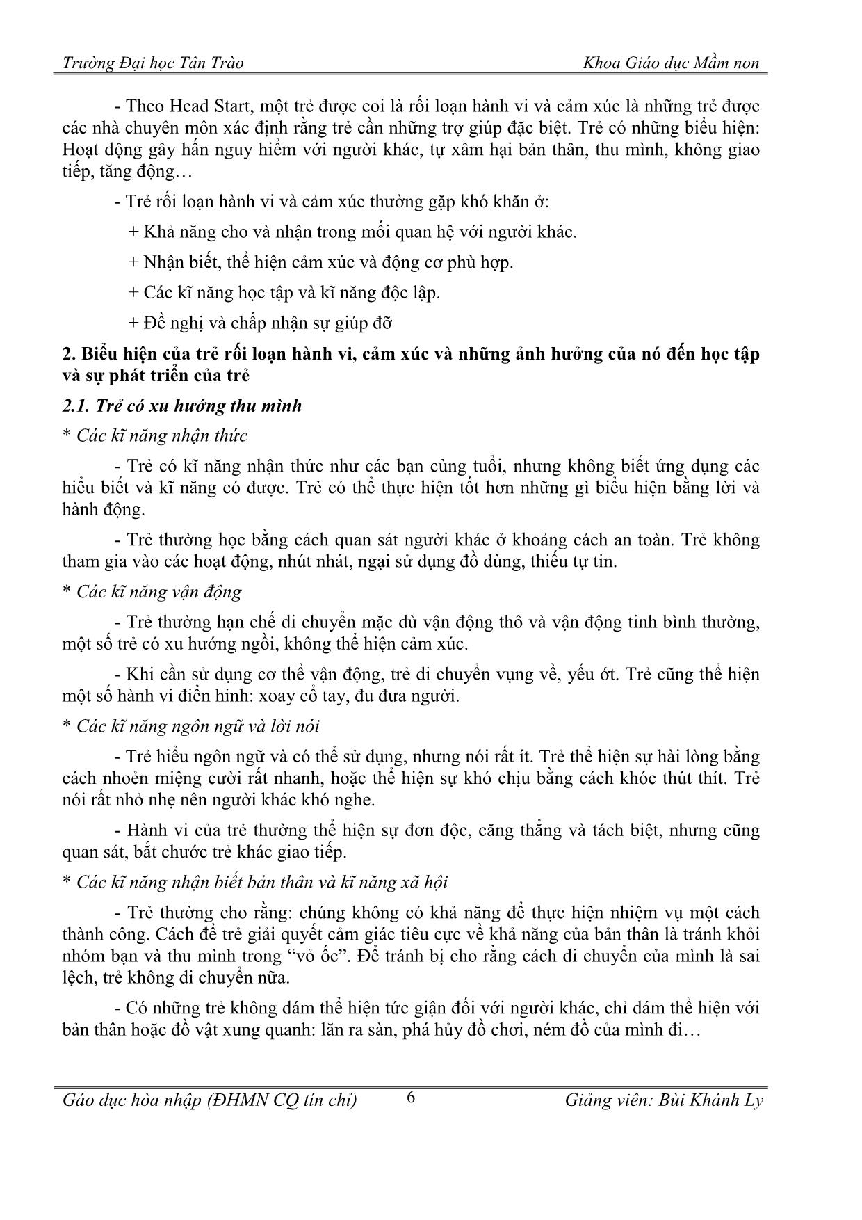 Giáo án Giáo dục hòa nhập - Chương 6: Hỗ trợ các nhóm khyết tật khác trong trường mầm non hòa nhập trang 6