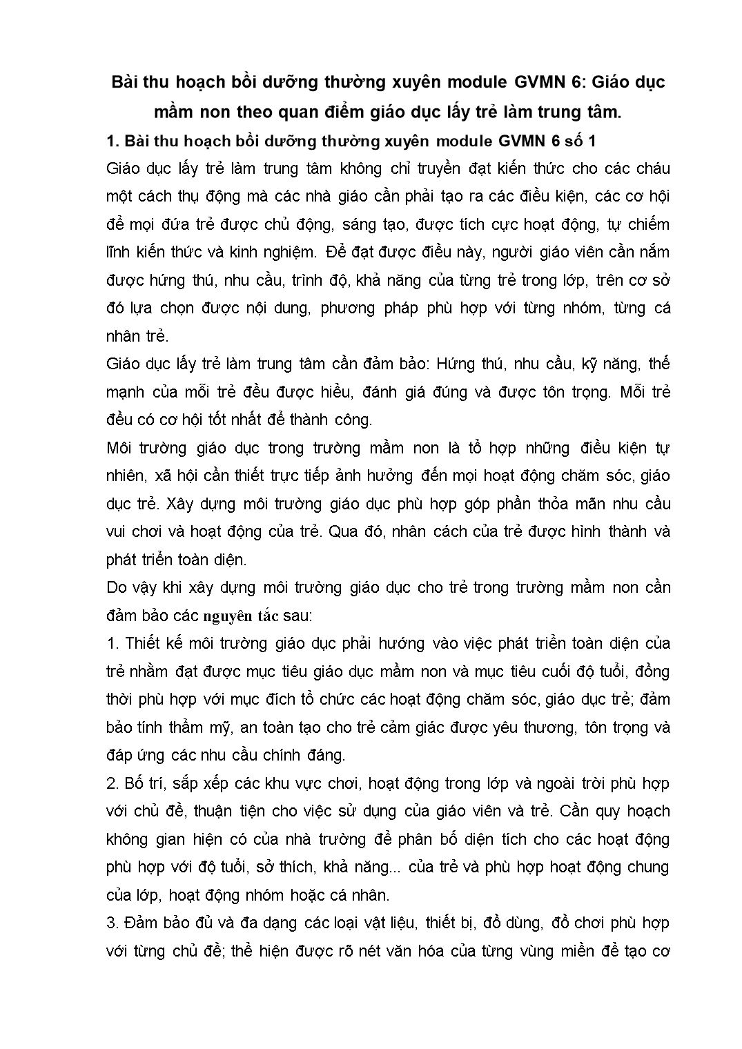 Bài thu hoạch bồi dưỡng thường xuyên module giáo viên mầm non 6: Giáo dục mầm non theo quan điểm giáo dục lấy trẻ làm trung tâm trang 1