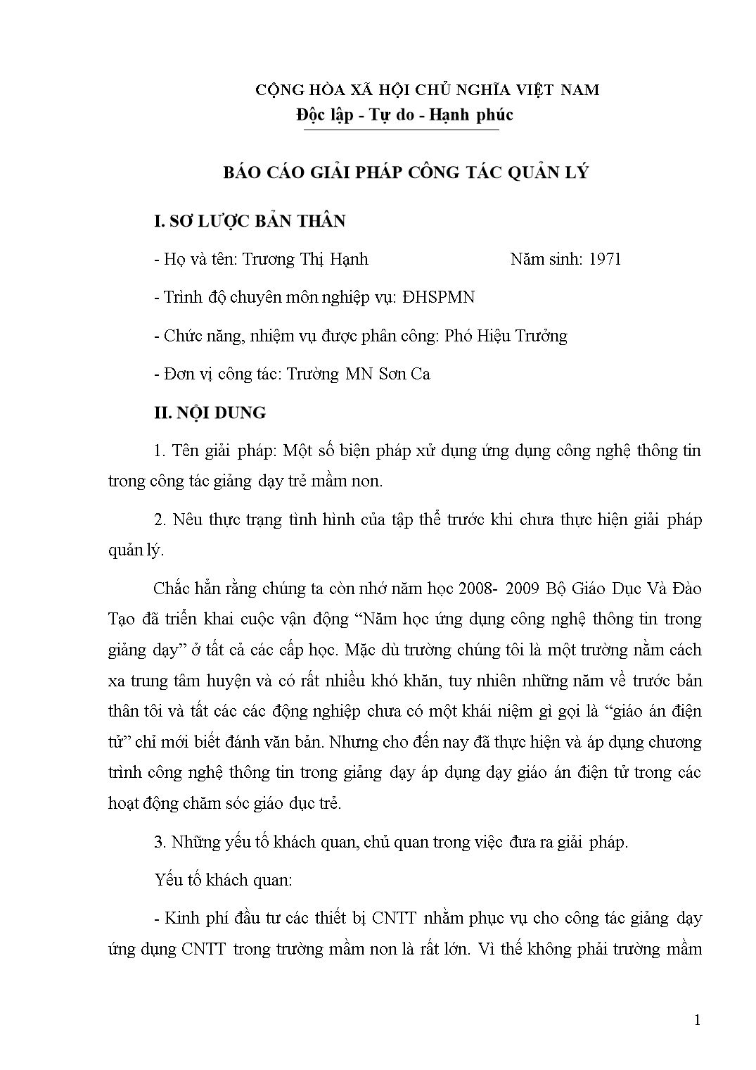 Sáng kiến kinh nghiệm Một số biện pháp xử dụng ứng dụng công nghệ thông tin trong công tác giảng dạy trẻ mầm non trang 1