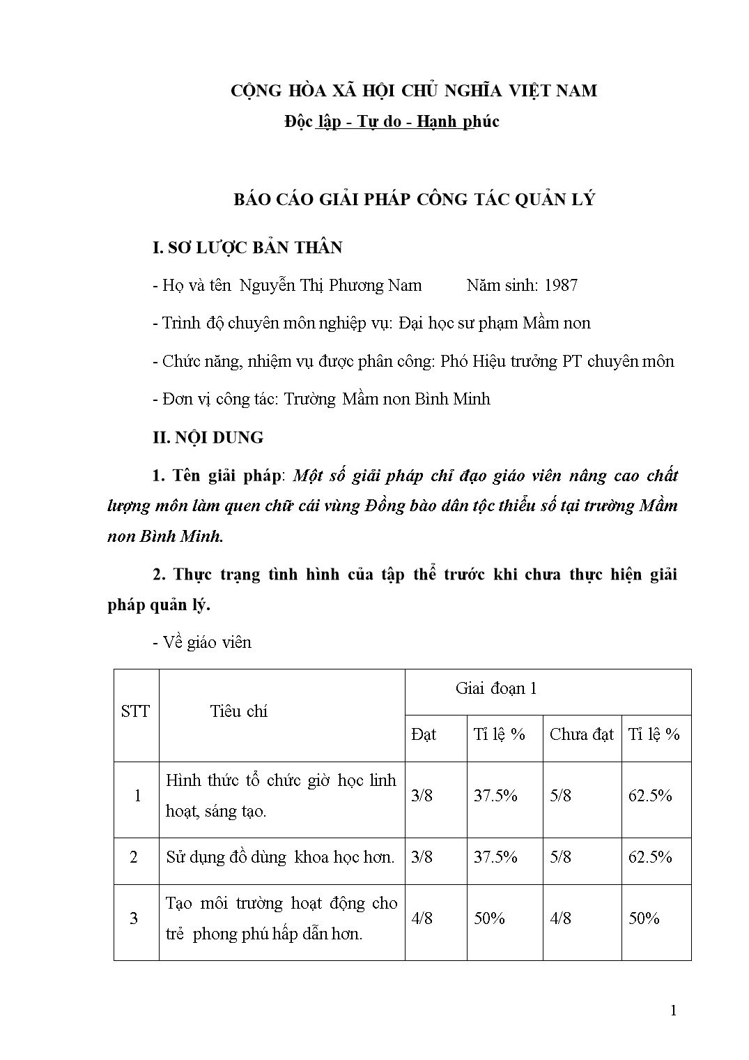 Sáng kiến kinh nghiệm Một số giải pháp chỉ đạo giáo viên nâng cao chất lượng môn làm quen chữ cái vùng đồng bào dân tộc thiểu số tại trường Mầm non Bình Minh trang 1