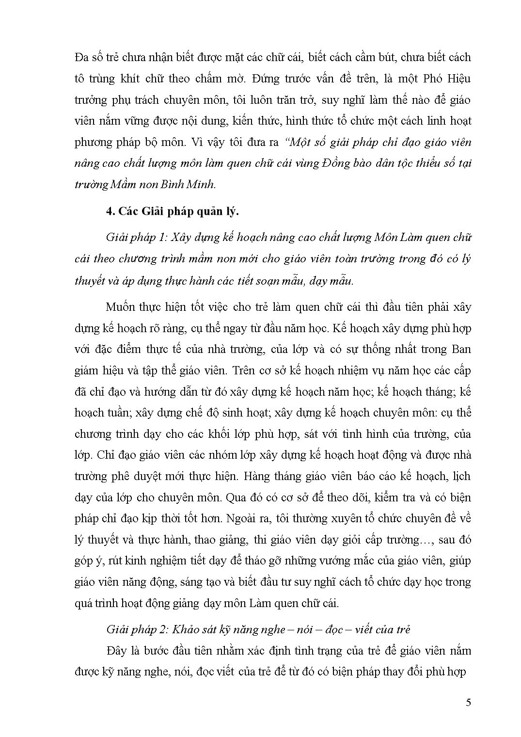 Sáng kiến kinh nghiệm Một số giải pháp chỉ đạo giáo viên nâng cao chất lượng môn làm quen chữ cái vùng đồng bào dân tộc thiểu số tại trường Mầm non Bình Minh trang 5