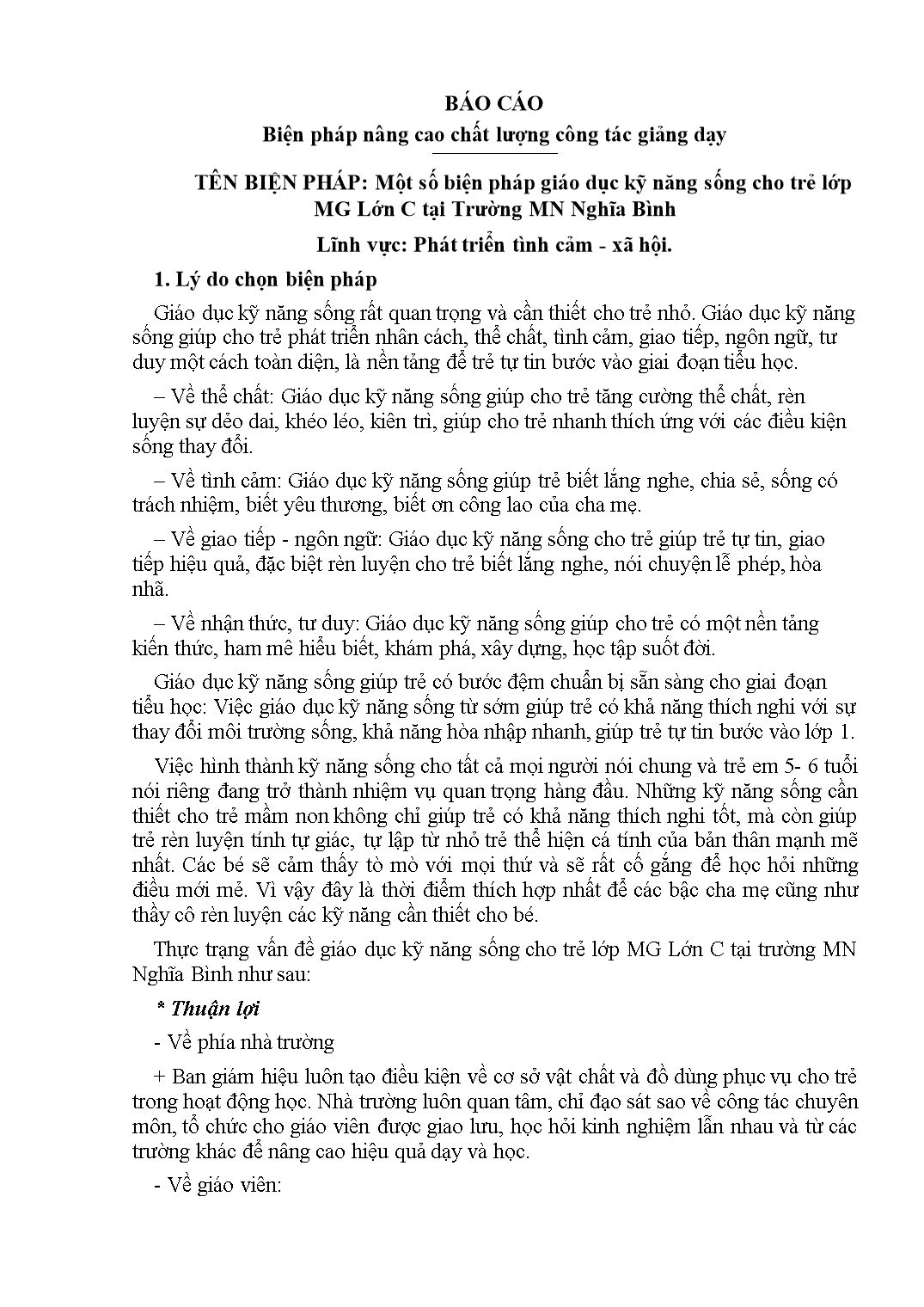 Sáng kiến kinh nghiệm Một số biện pháp giáo dục kỹ năng sống cho trẻ lớp mẫu giáo Lớn C tại Trường mầm non Nghĩa Bình trang 1