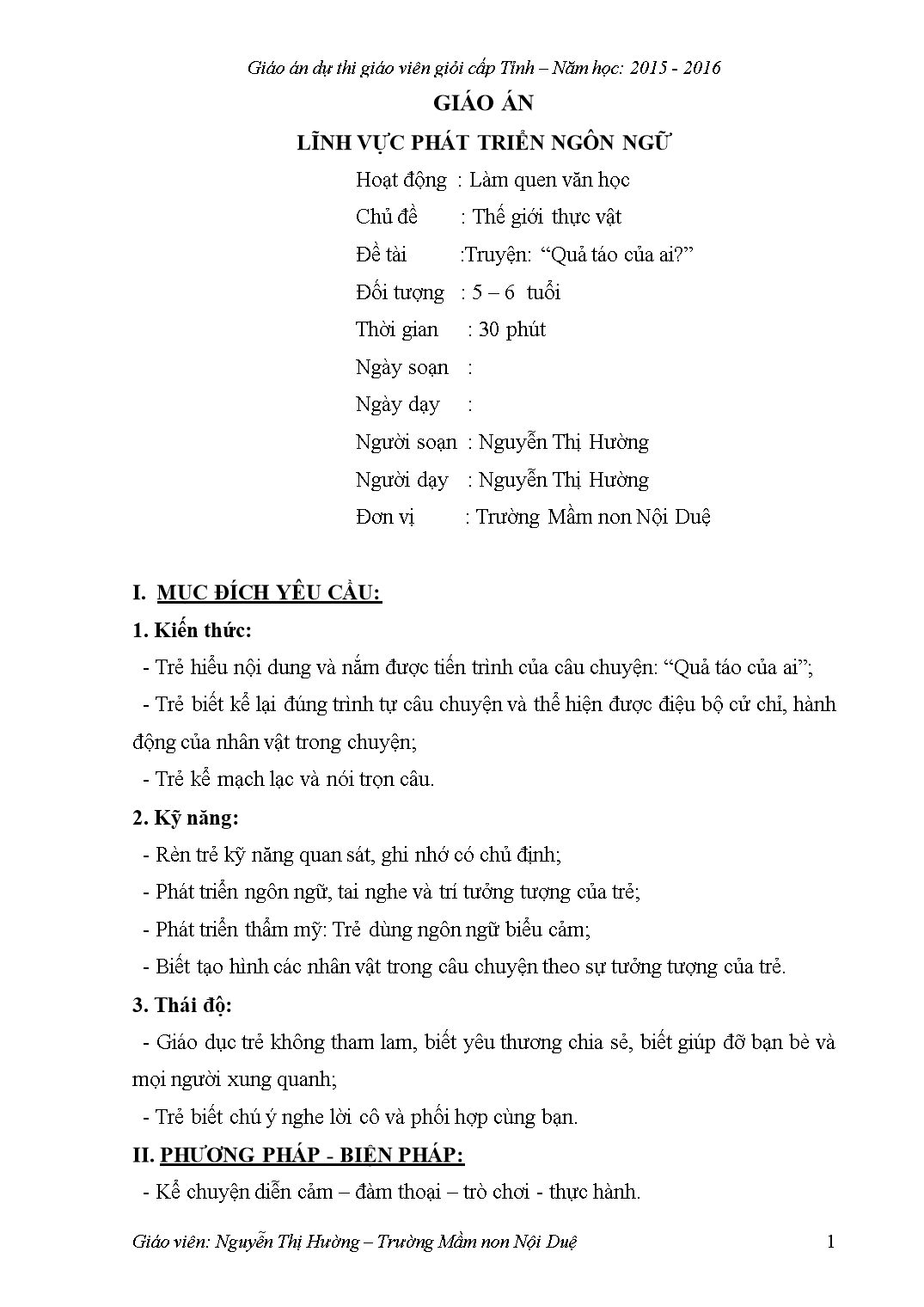 Giáo án Lớp Lá phần Lĩnh vực phát triển ngôn ngữ - Làm quen văn học - Thế giới thực vật - Truyện: “Quả táo của ai?” trang 1