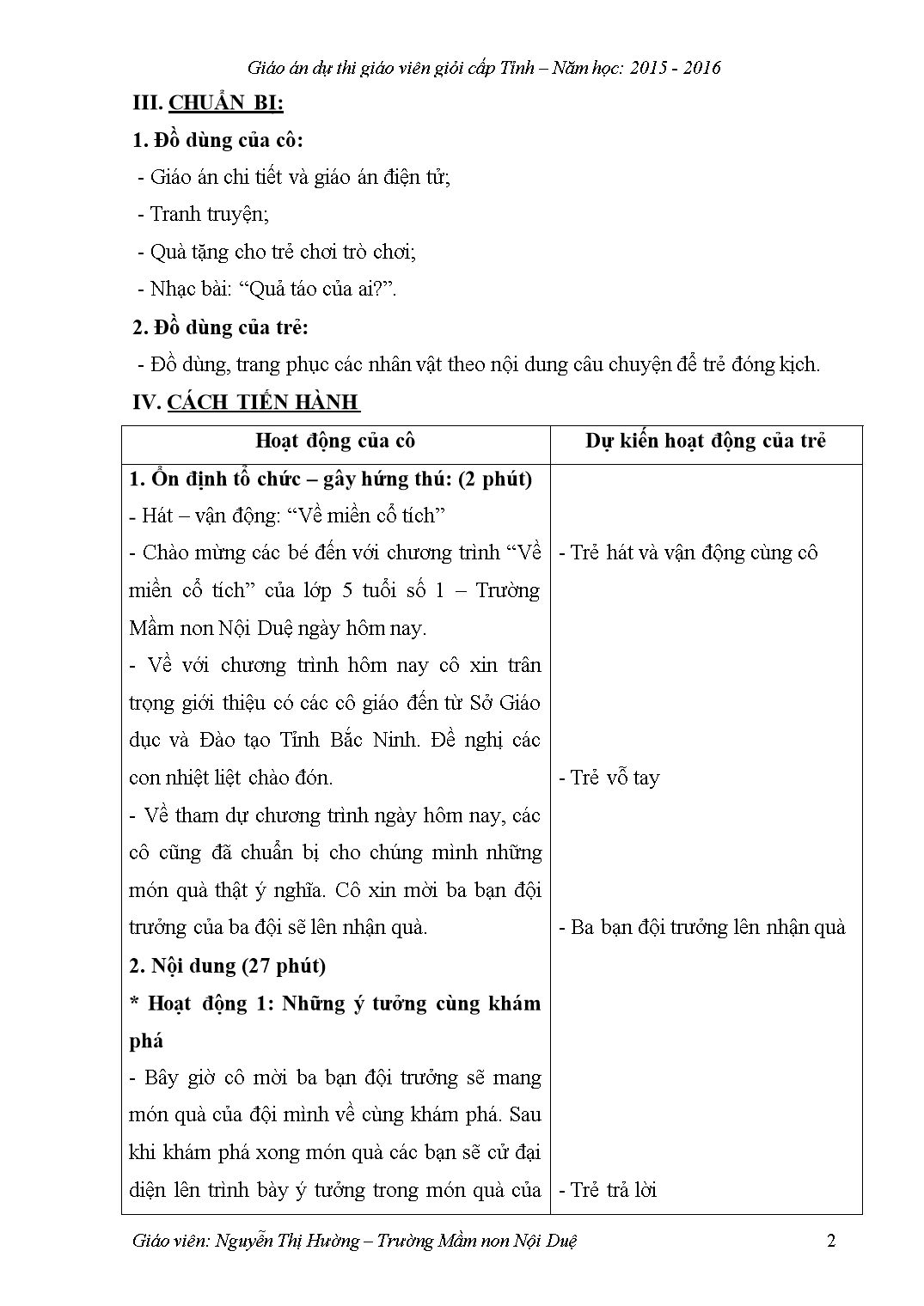 Giáo án Lớp Lá phần Lĩnh vực phát triển ngôn ngữ - Làm quen văn học - Thế giới thực vật - Truyện: “Quả táo của ai?” trang 2