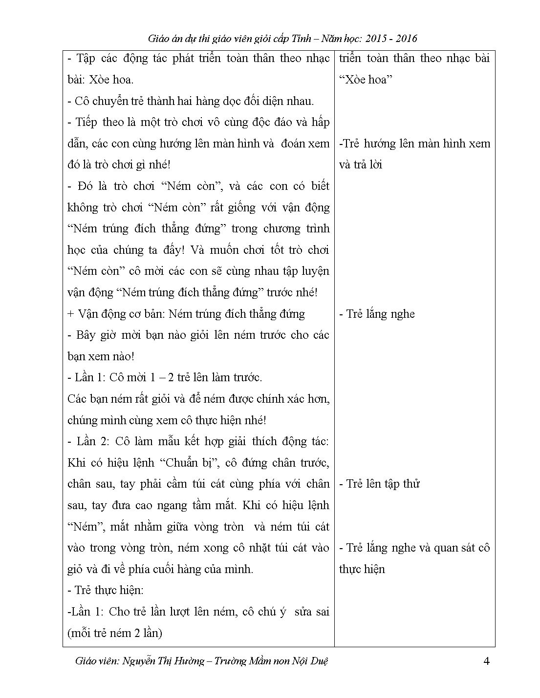 Giáo án Lớp Lá phần Lĩnh vực phát triển thể chất - Tết và mùa xuân - Ném trúng đích thẳng đứng. Trò chơi vận động: Nhảy bao bố trang 4