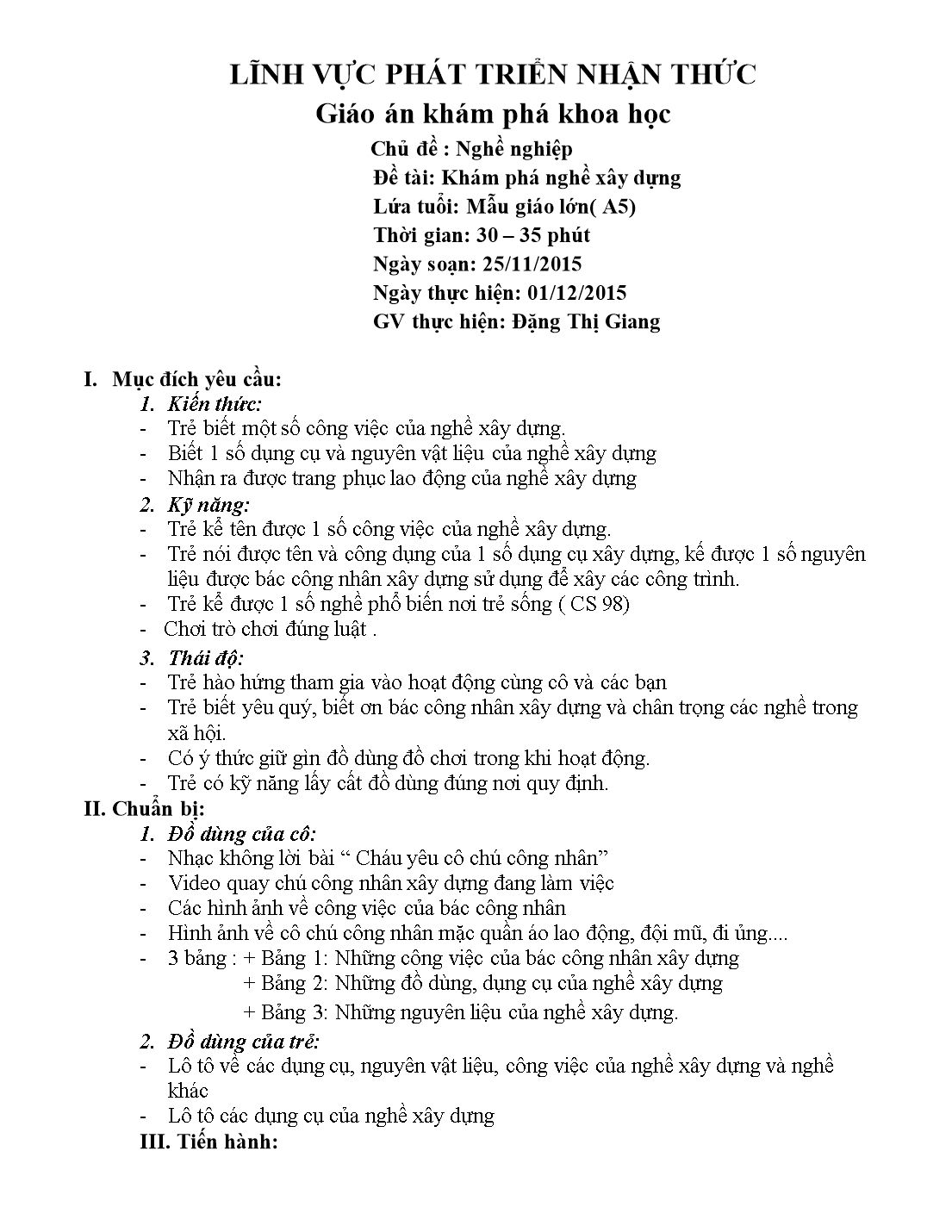 Giáo án Lớp Lá phần Khám phá khoa học - Nghề nghiệp - Khám phá nghề xây dựng trang 2