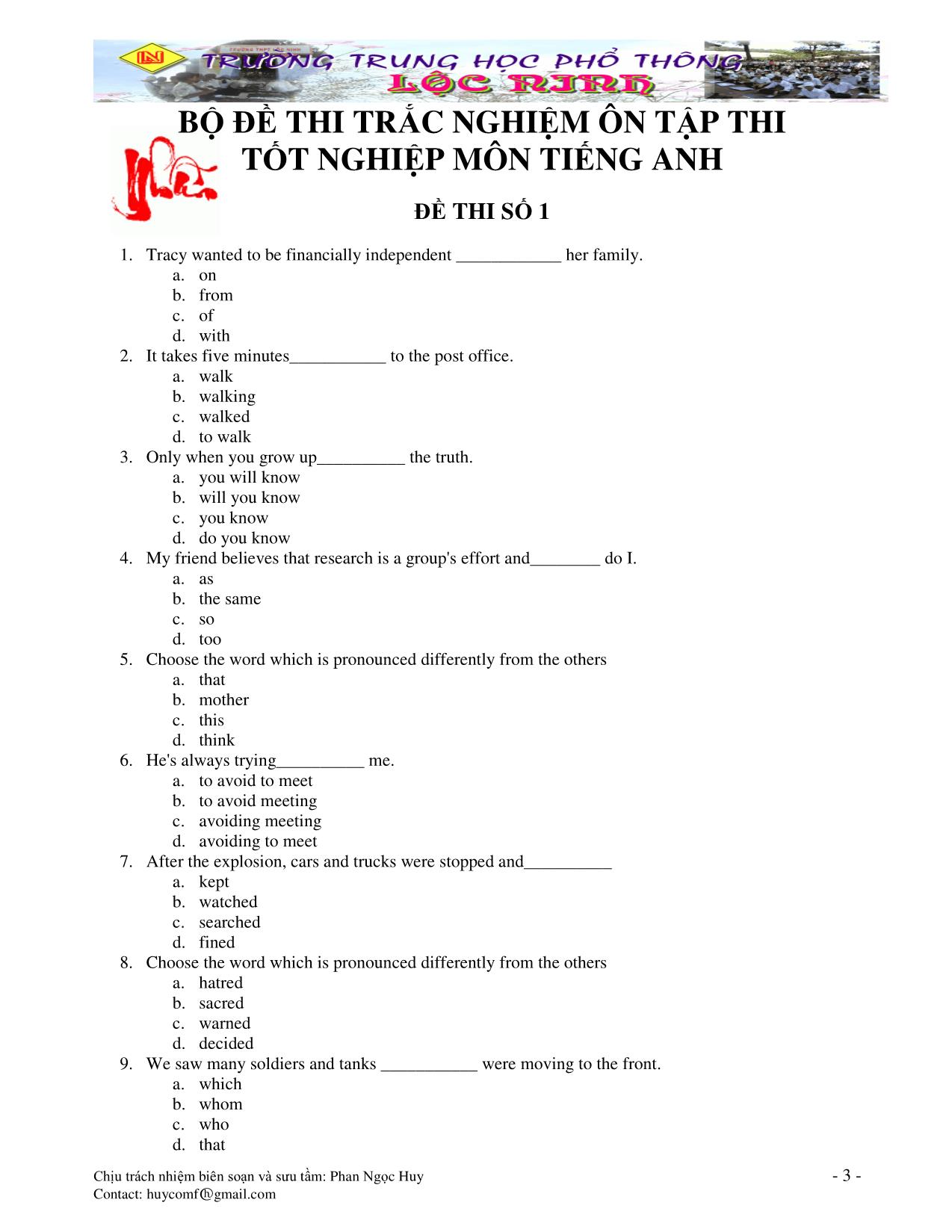 Bộ đề ôn thi tốt nghiệp THPT môn Tiếng Anh trang 3