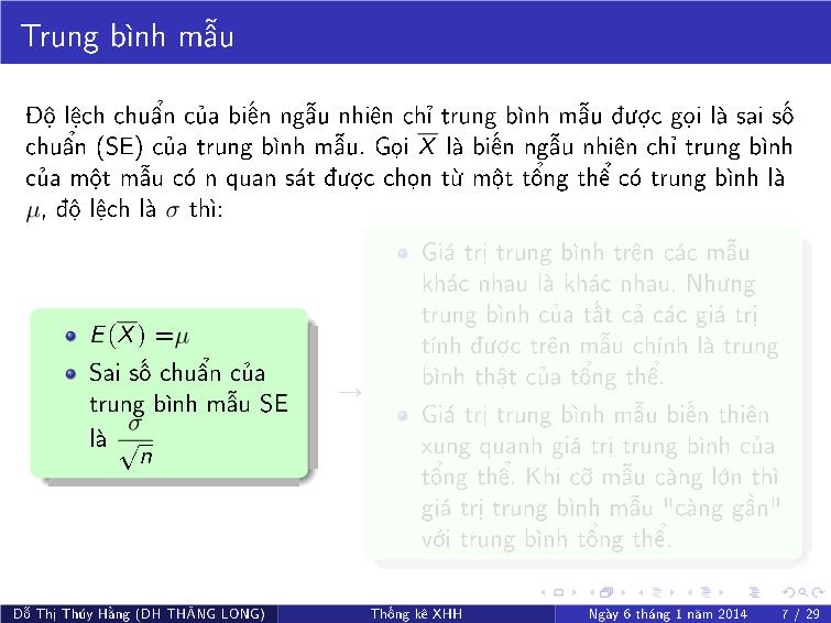 Bài giảng Thống kê xã hội - Chương VI: Phân phối của các tham số mẫu và khoảng tin cậy cho các tham số tổng thể trang 8