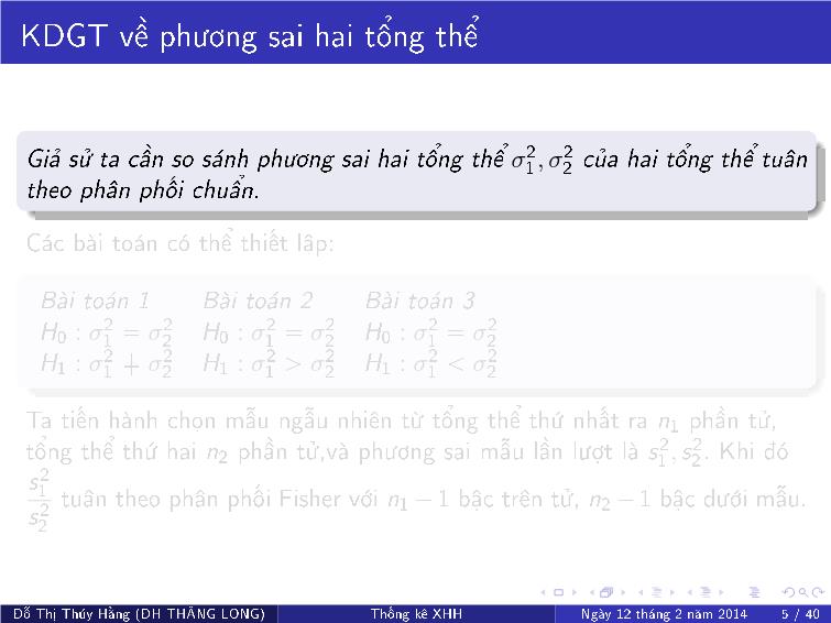 Bài giảng Thống kê xã hội - Chương VIII: Kiểm định giả thuyết về tham số thống kê hai tổng thể trang 7