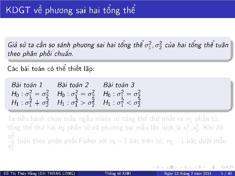 Bài giảng Thống kê xã hội - Chương VIII: Kiểm định giả thuyết về tham số thống kê hai tổng thể trang 8