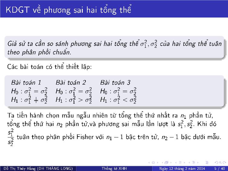 Bài giảng Thống kê xã hội - Chương VIII: Kiểm định giả thuyết về tham số thống kê hai tổng thể trang 9