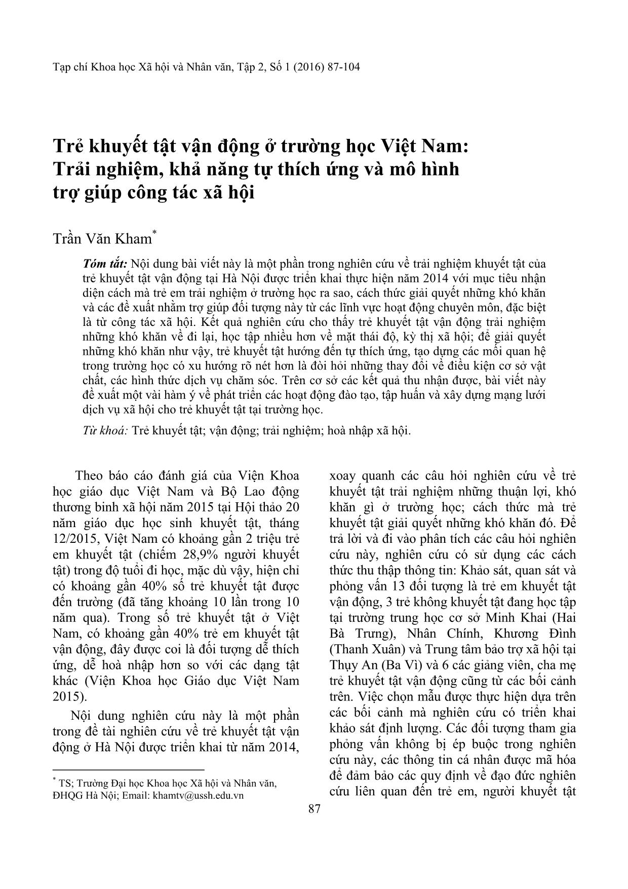 Trẻ khuyết tật vận động ở trường học Việt Nam: Trải nghiệm, khả năng tự thích ứng và mô hình trợ giúp công tác xã hội trang 2