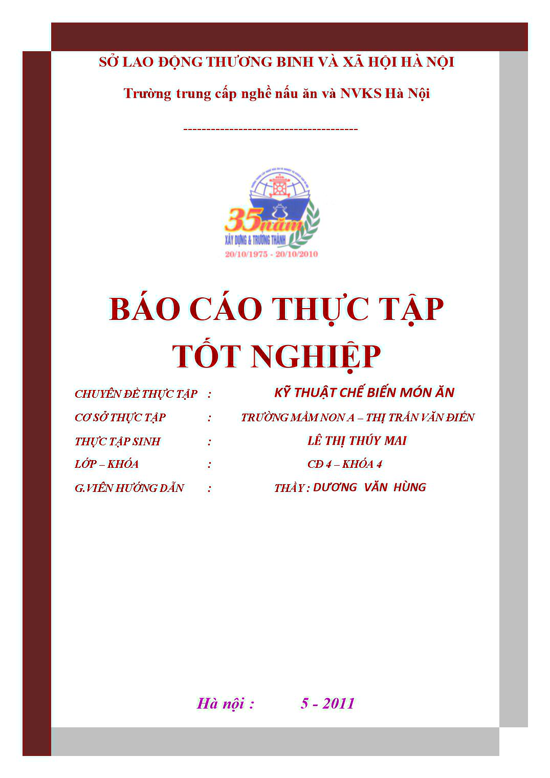 Báo cáo thực tập Kỹ thuật chế biến món ăn - Lê Thị Thúy Mai trang 1