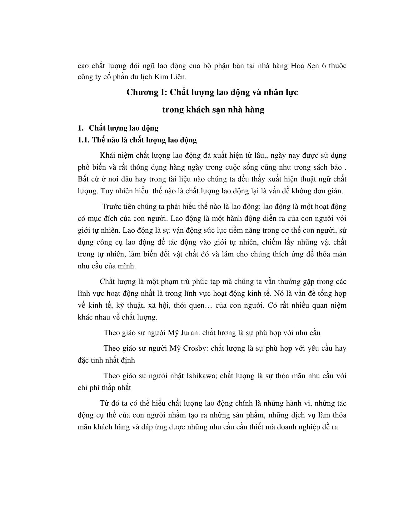 Luận văn Thực trạng chất lượng đội ngũ lao động bộ phận bàn tại nhà hàng Hoa Sen 6 thuộc công ty CPDLKL trang 3