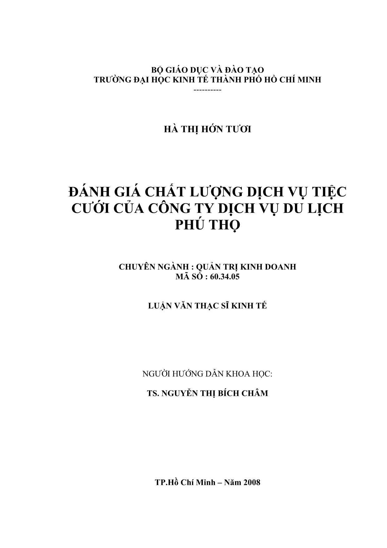 Luận văn Đánh giá chất lượng dịch vụ tiệc cưới của Công ty Dịch vụ du lịch Phú Thọ trang 1