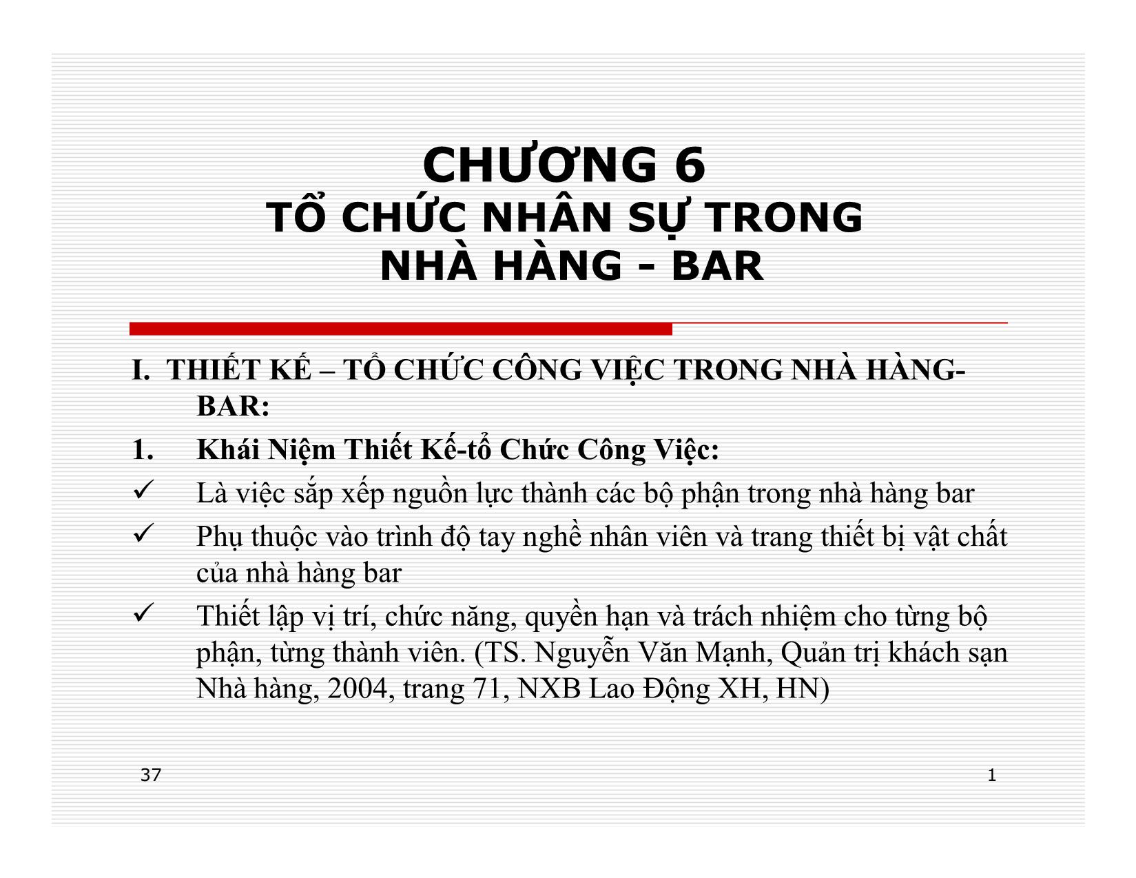 Bài giảng Điều hành hoạt động nhà hàng - Chương 6: Tổ chức nhân sự trong nhà hàng + Bar trang 1