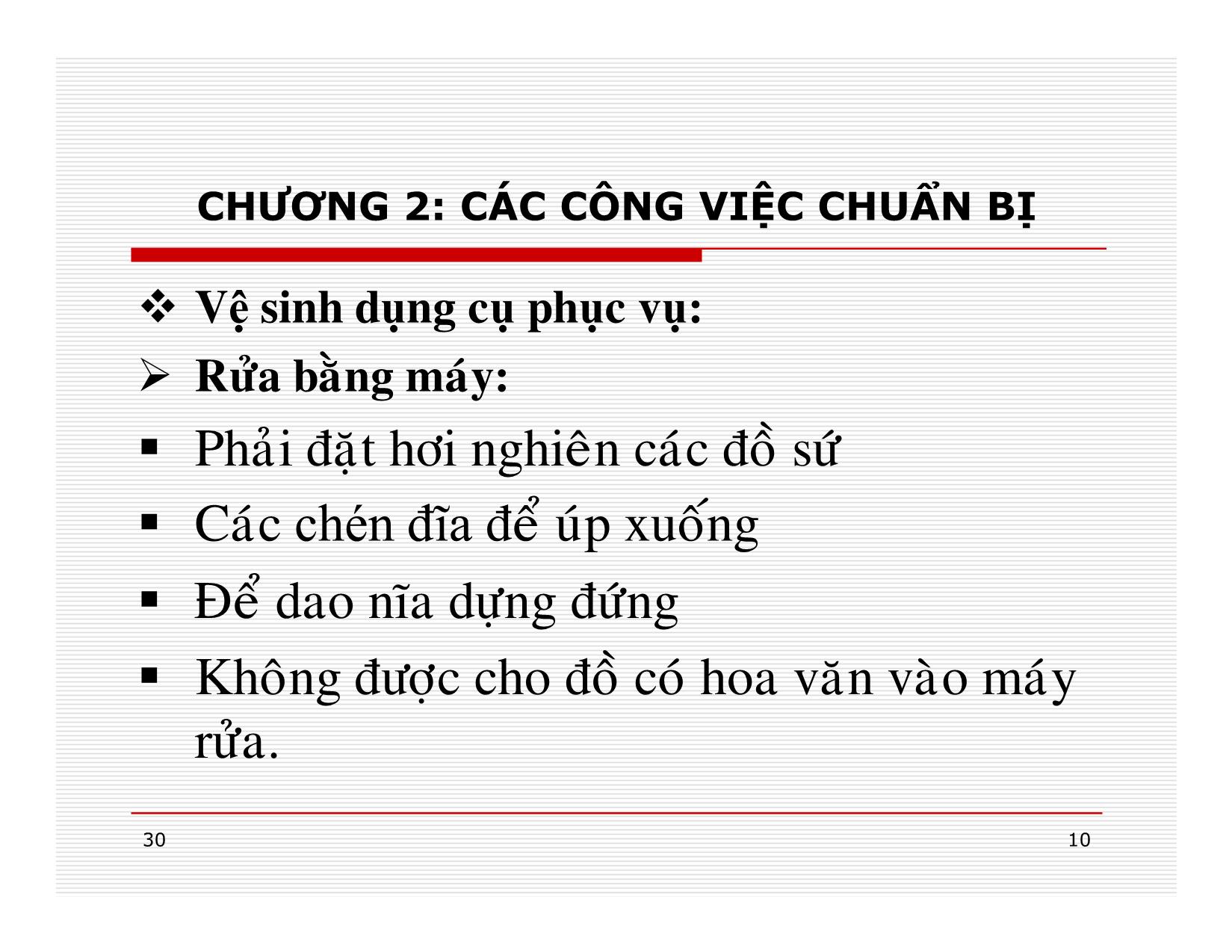 Bài giảng Điều hành hoạt động nhà hàng - Chương 2: Các công việc chuẩn bị trang 10