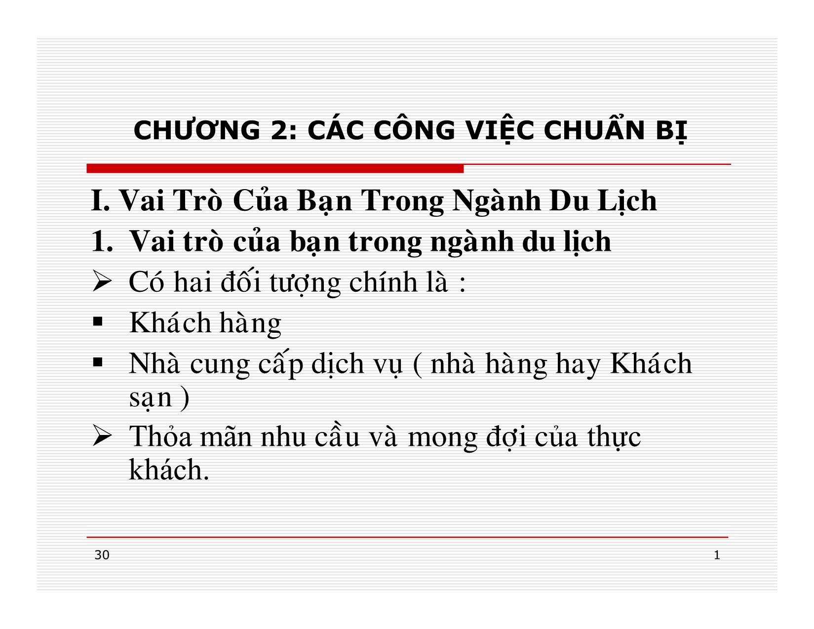 Bài giảng Điều hành hoạt động nhà hàng - Chương 2: Các công việc chuẩn bị trang 1