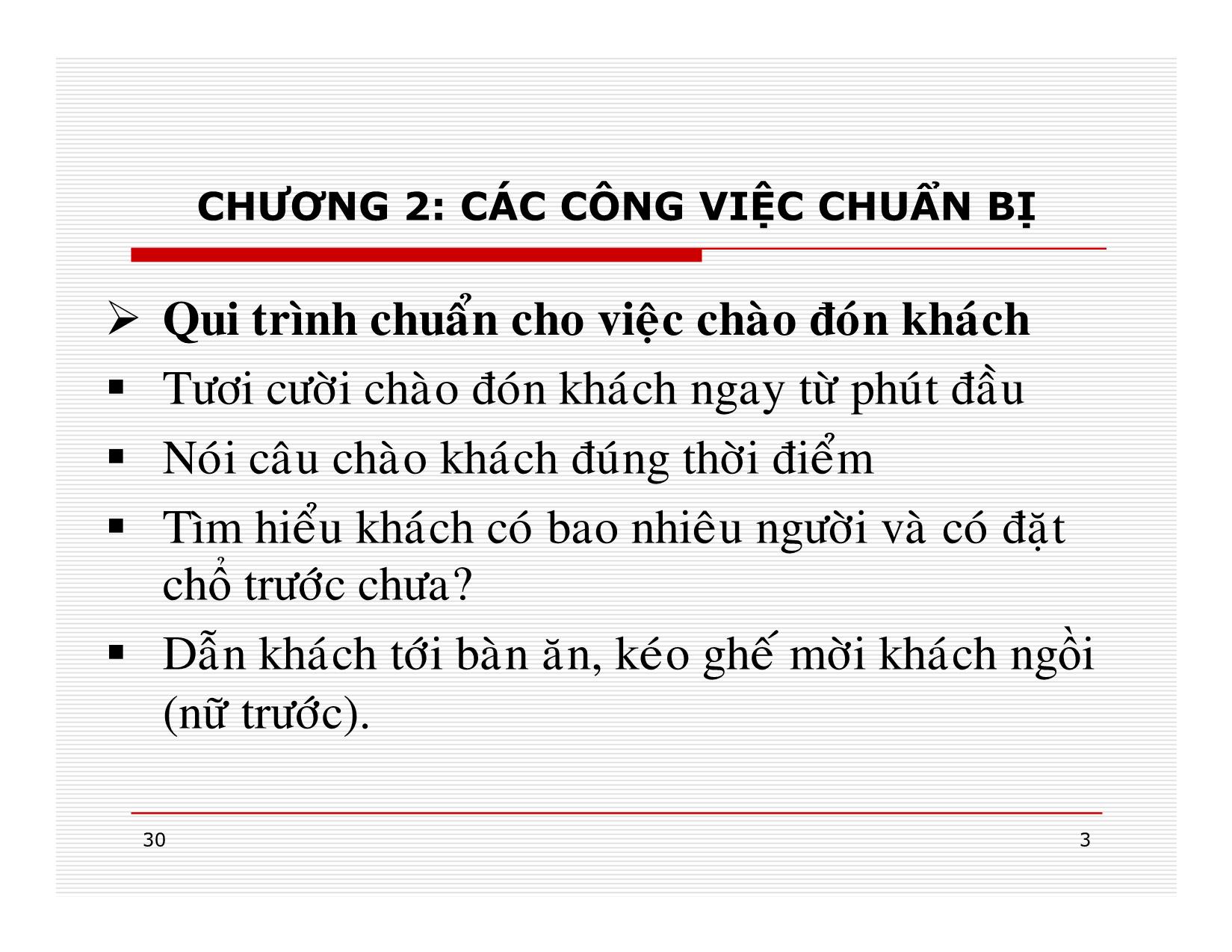 Bài giảng Điều hành hoạt động nhà hàng - Chương 2: Các công việc chuẩn bị trang 3