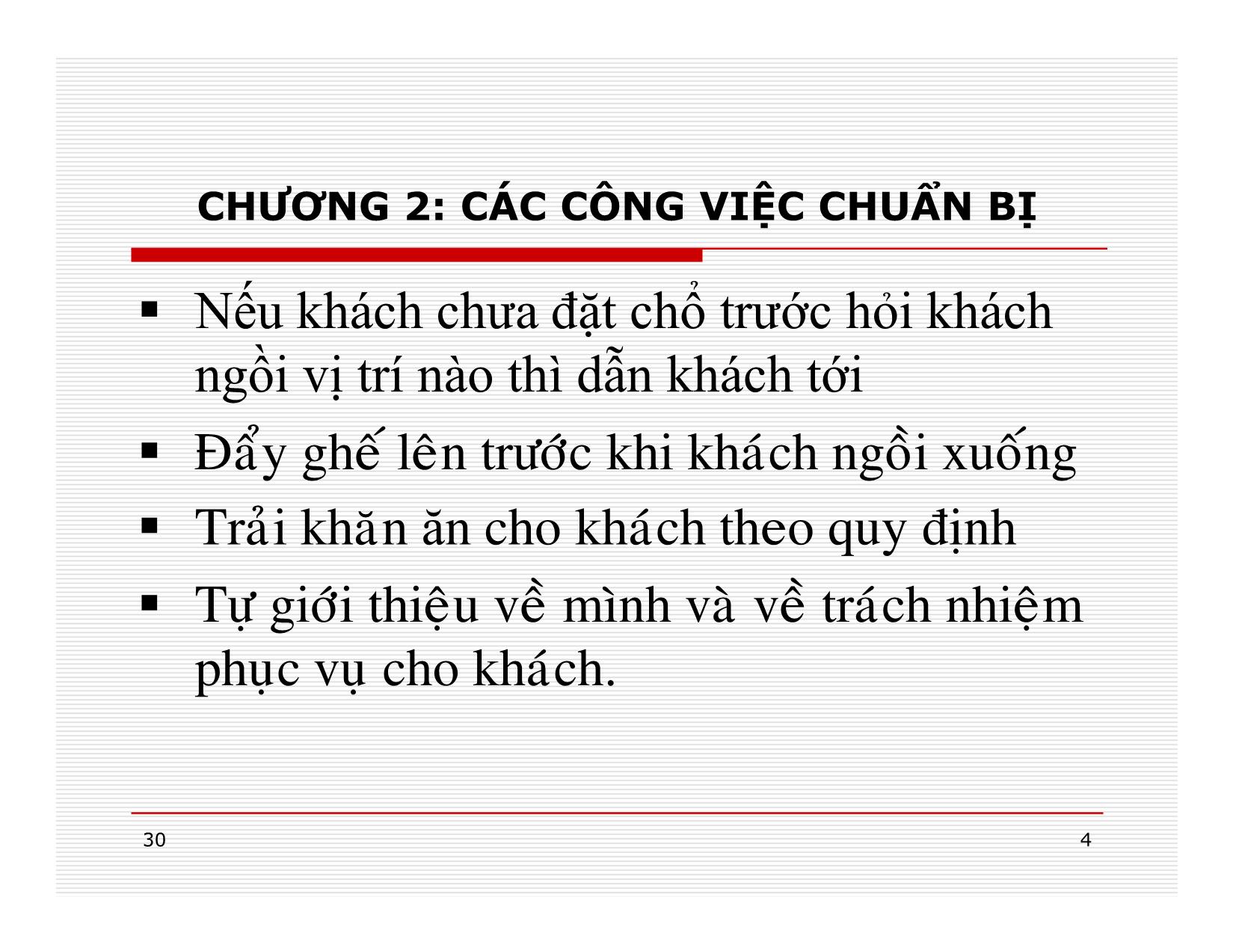 Bài giảng Điều hành hoạt động nhà hàng - Chương 2: Các công việc chuẩn bị trang 4