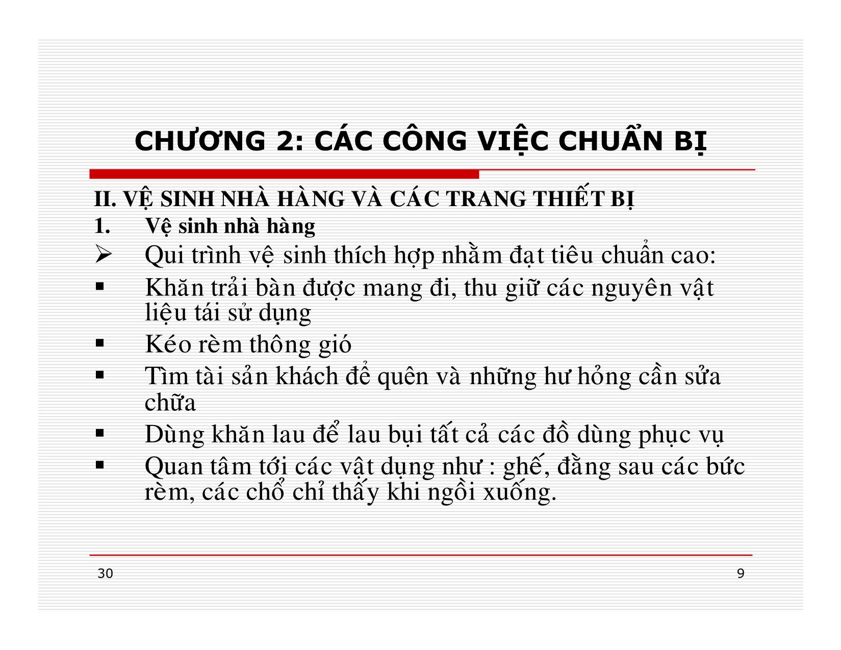 Bài giảng Điều hành hoạt động nhà hàng - Chương 2: Các công việc chuẩn bị trang 9