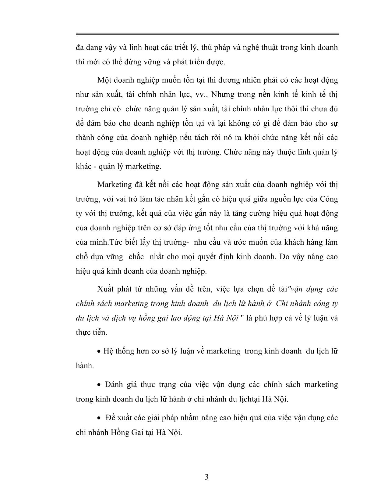 Đề tài Vận dụng các chính sách marketing trong kinh doanh du lịch lữ hành ở Chi nhánh công ty Du lịch và dịch vụ Hồng Gai lao động tại Hà Nội trang 3