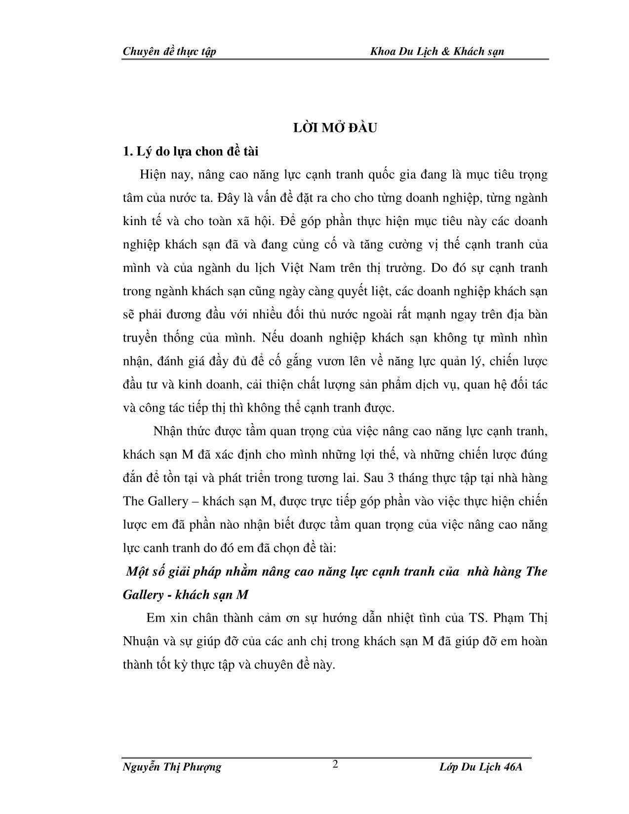 Luận văn Một số giải pháp nhằm nâng cao năng lực cạnh tranh của nhà hàng The Gallery khách sạn M trang 2