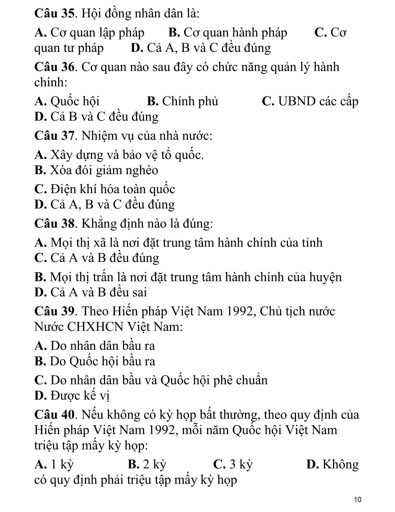 Câu hỏi ôn tập thi trắc nghiệm môn Pháp luật đại cương trang 10