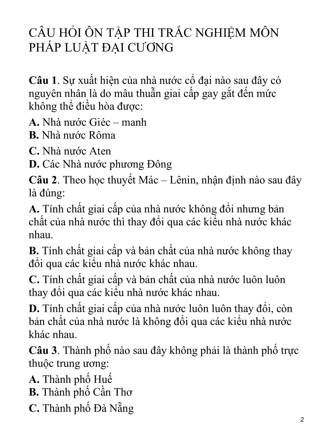 Câu hỏi ôn tập thi trắc nghiệm môn Pháp luật đại cương trang 2