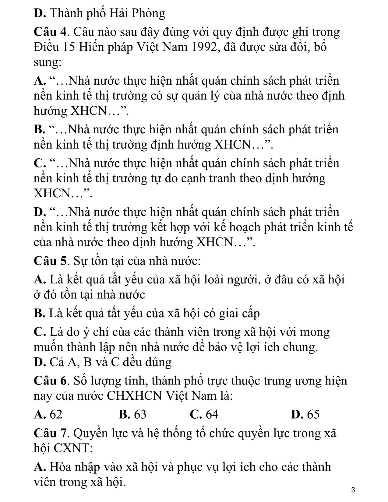 Câu hỏi ôn tập thi trắc nghiệm môn Pháp luật đại cương trang 3