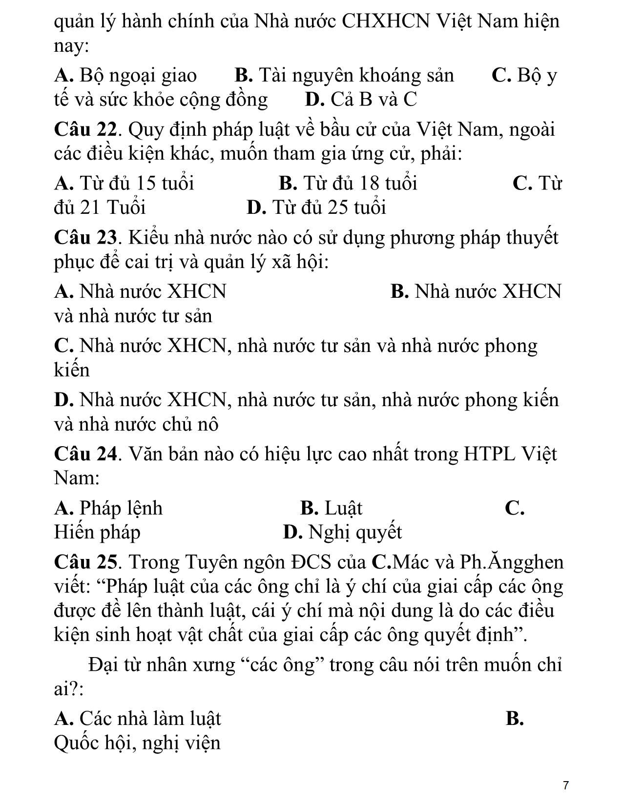 Câu hỏi ôn tập thi trắc nghiệm môn Pháp luật đại cương trang 7