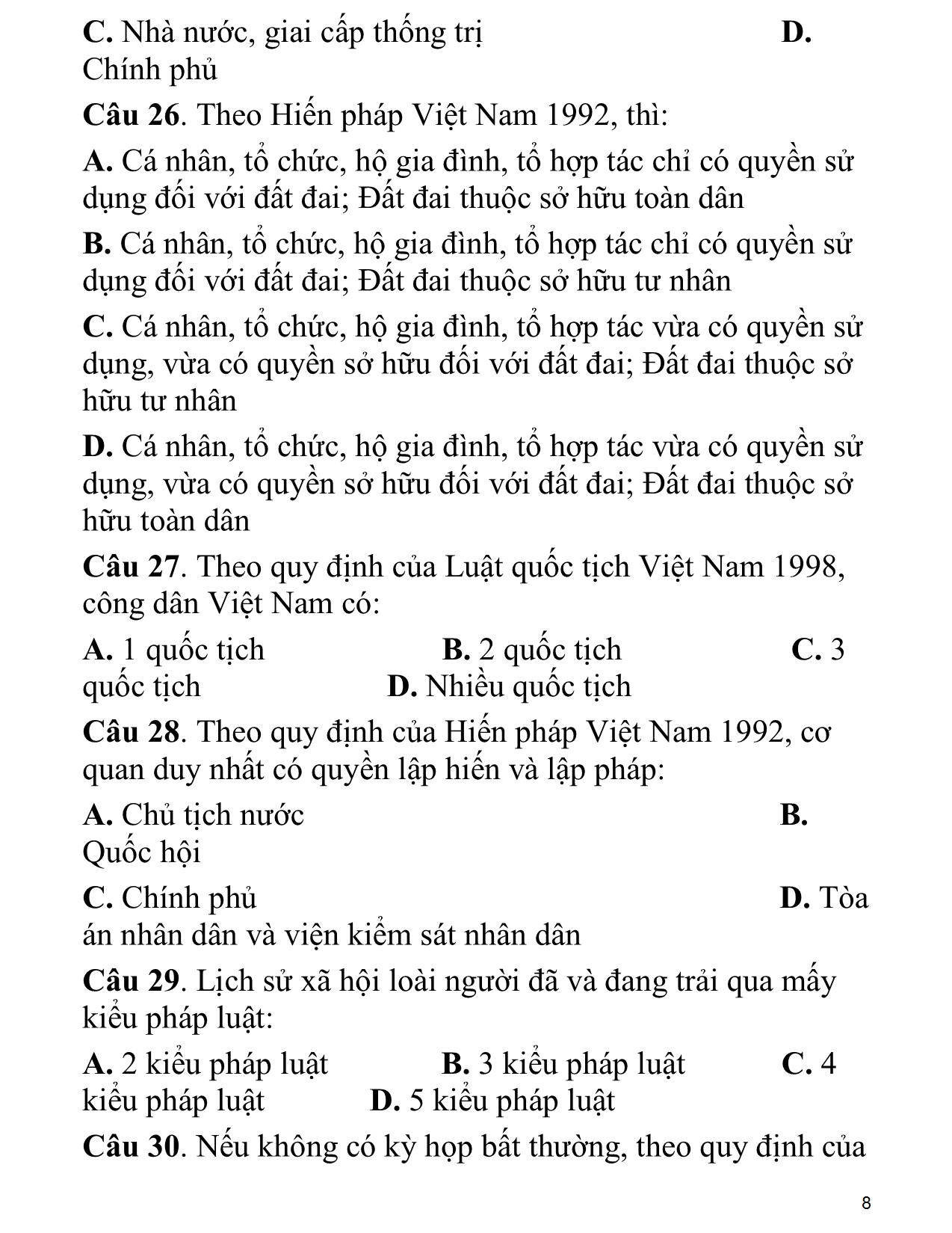 Câu hỏi ôn tập thi trắc nghiệm môn Pháp luật đại cương trang 8