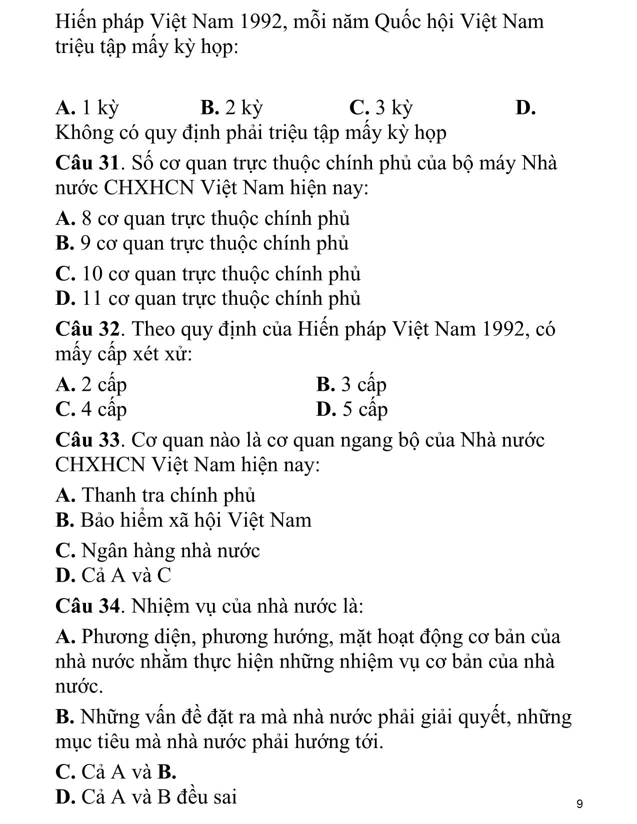 Câu hỏi ôn tập thi trắc nghiệm môn Pháp luật đại cương trang 9