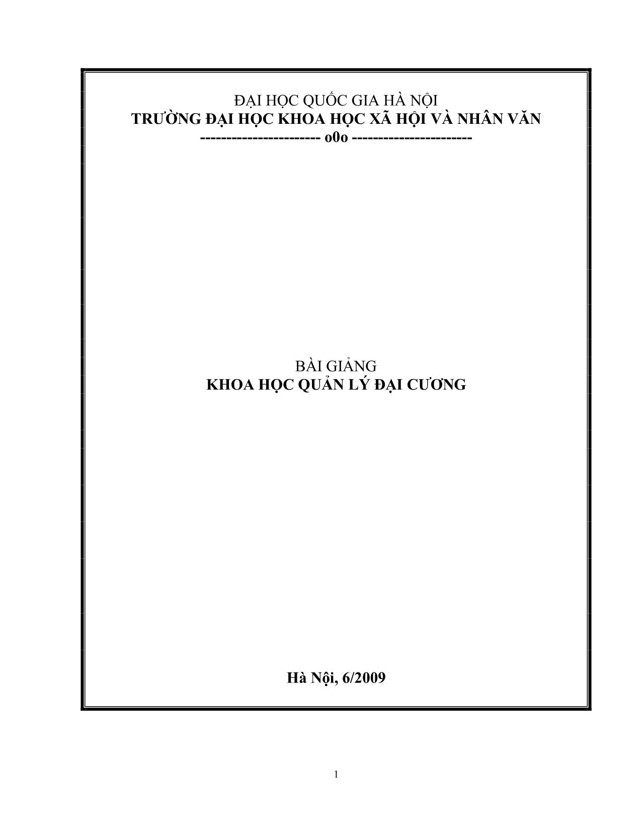 Bài giảng Khoa học quản lý đại cương - Trường đại học Khoa học Xã hội và Nhân văn trang 1