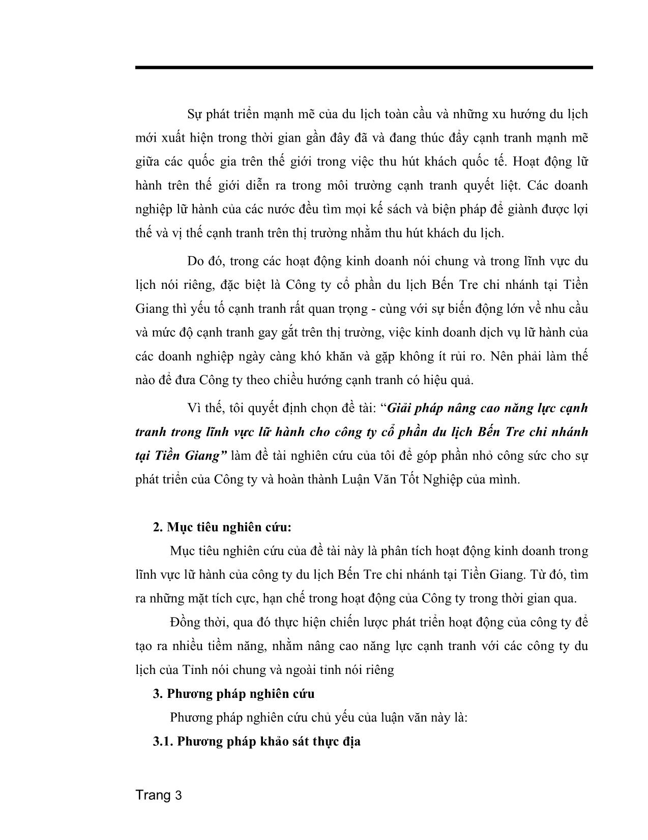 Luận văn Giải pháp nâng cao năng lực cạnh tranh trong lĩnh vực lữ hành cho công ty Cổ phần du lịch Bến Tre chi nhánh tại Tiền Giang trang 3