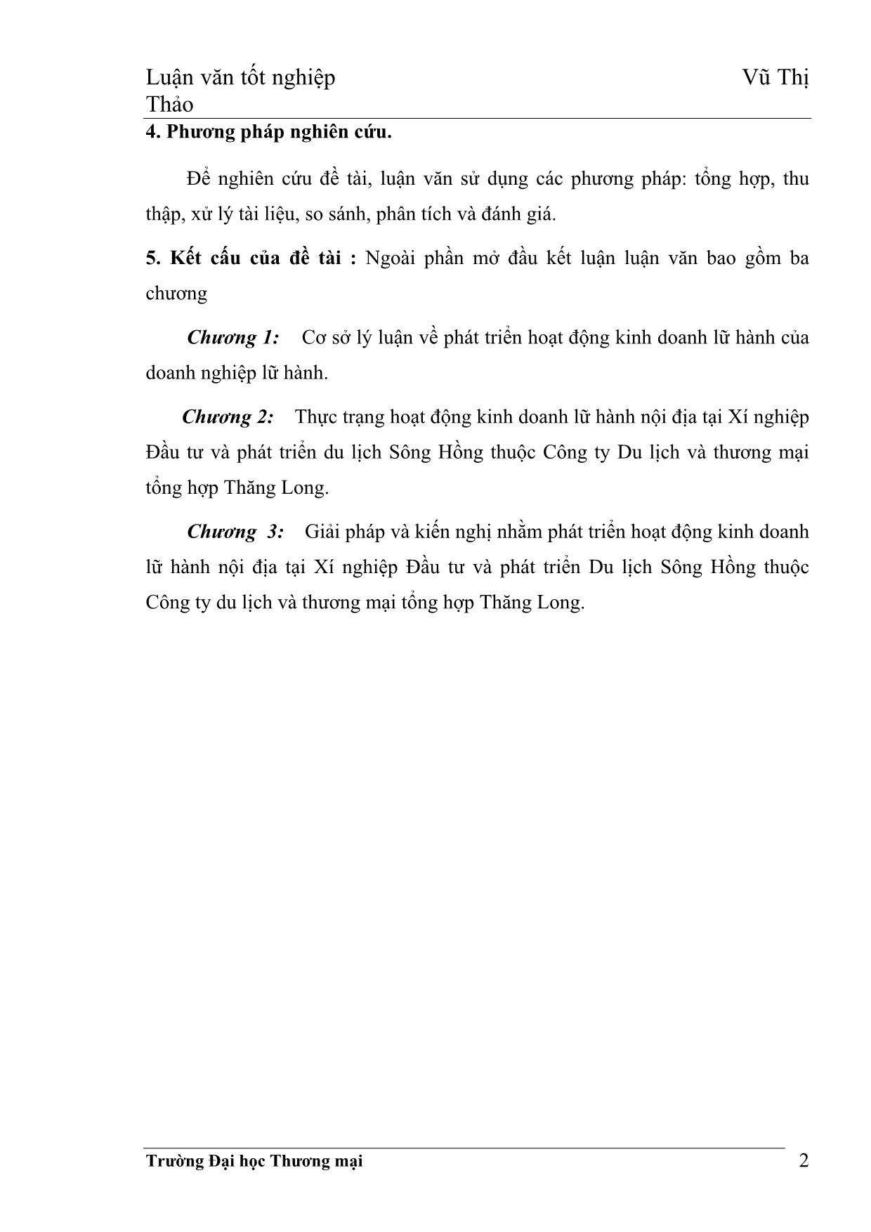 Luận văn Giải pháp phát triển hoạt động kinh doanh lữ hành nội địa của Xí nghiệp Đầu tư và phát triển du lịch Sông Hồng thuộc Công ty Du lịch và thương mại tổng hợp Thăng Long trang 3