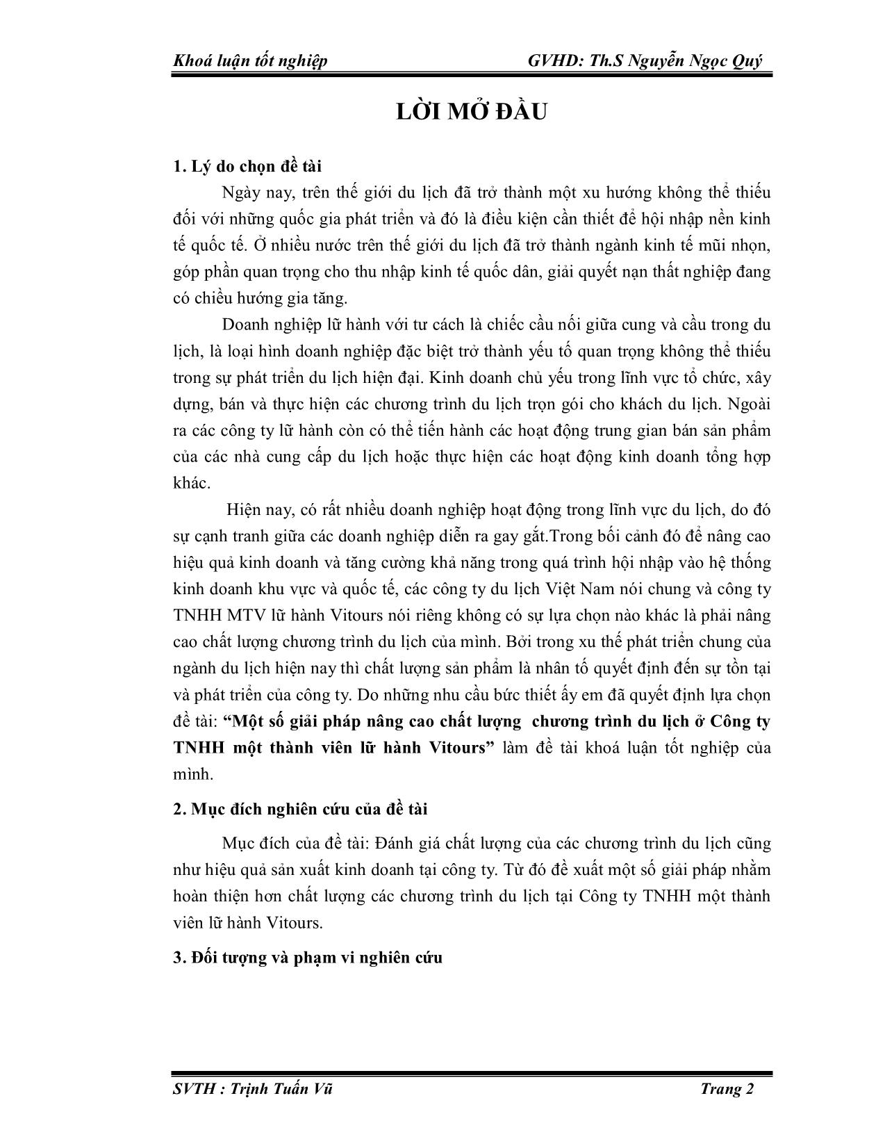 Luận văn Một số giải pháp nâng cao chất lượng chương trình du lịch ở Công ty TNHH một thành viên lữ hành Vitours trang 2
