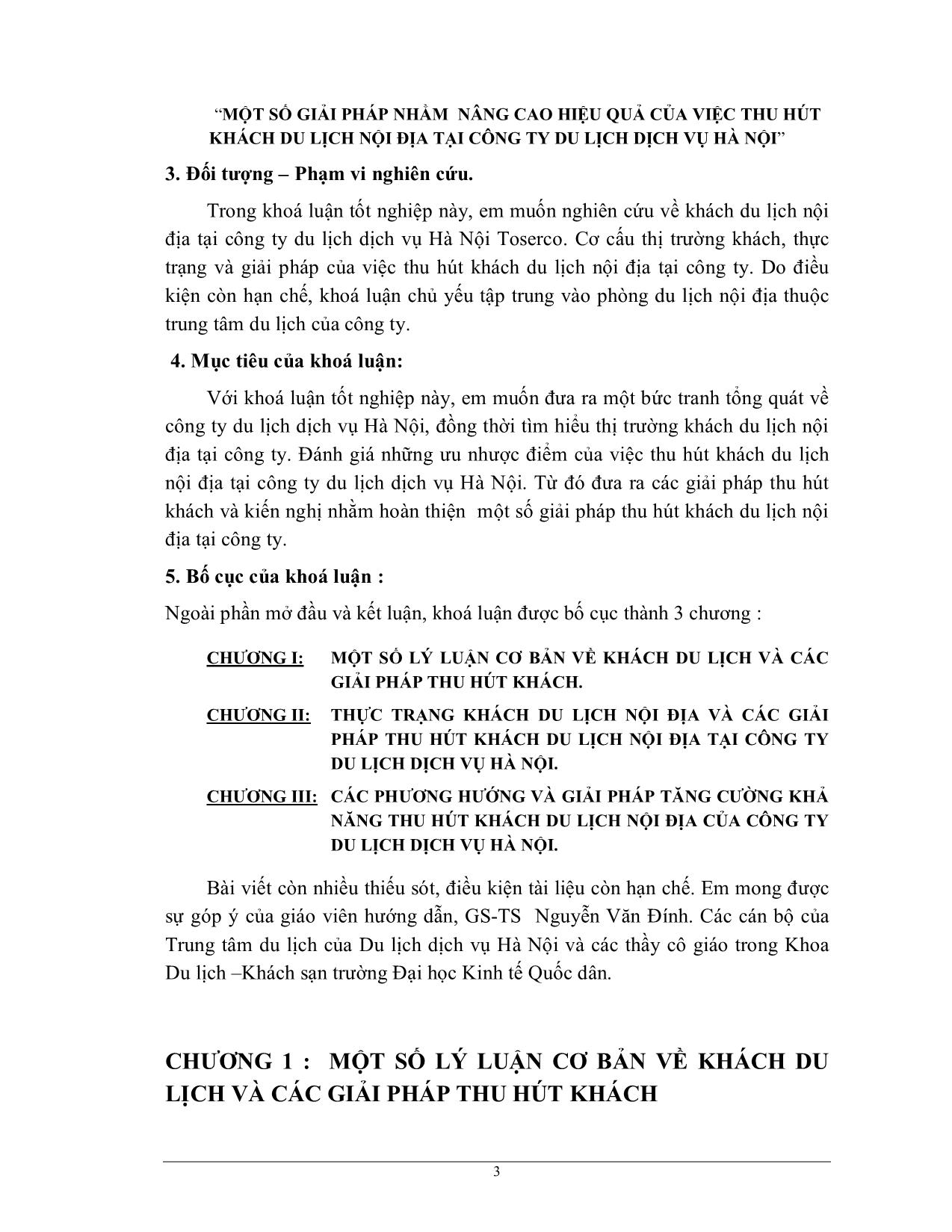 Đề tài Một số giải pháp nhằm nâng cao hiệu quả của việc thu hút khách du lịch nội địa tại Công ty Du lịch dịch vụ Hà Nội trang 3