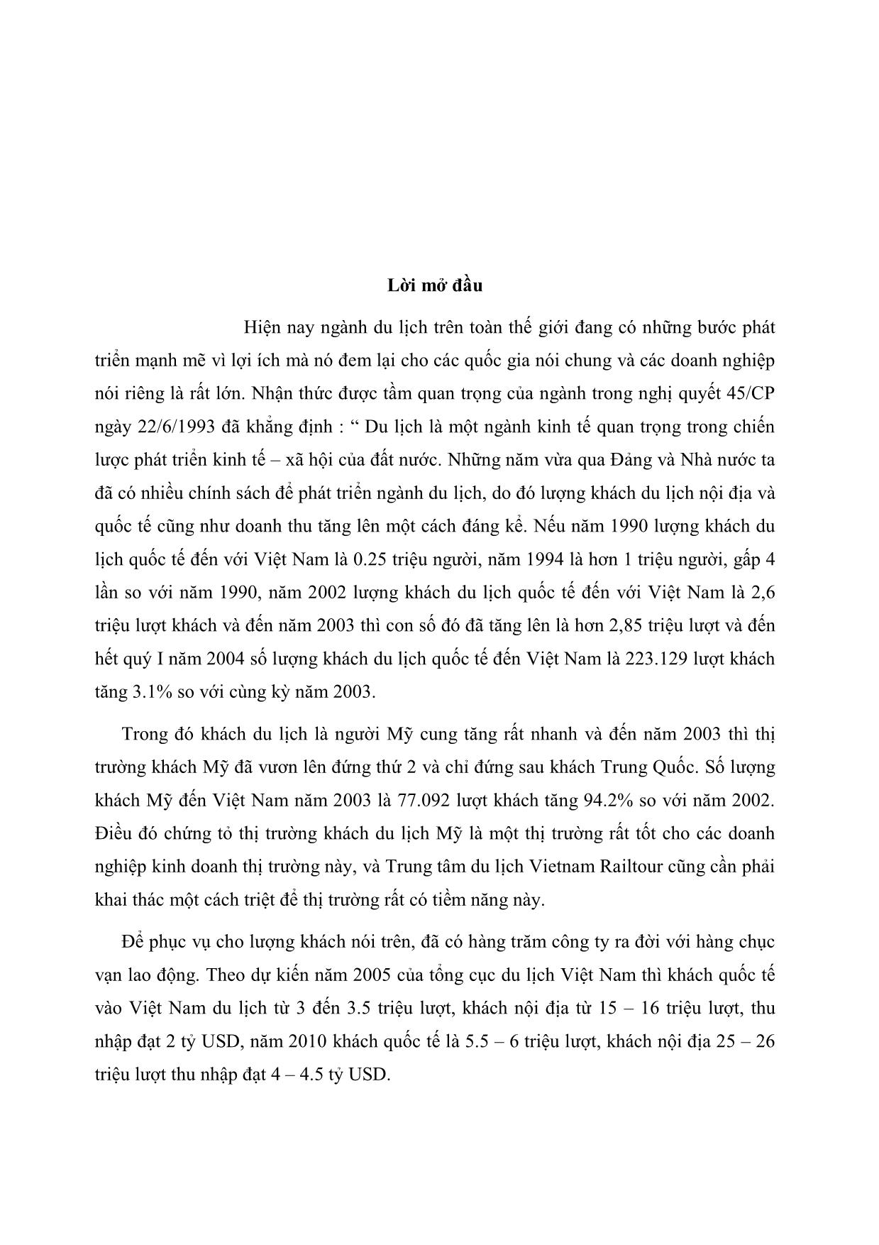 Luận văn Một số giải pháp nhằm tăng cường khai thác thị trường khác du lịch Mỹ tại Trung tâm du lịch Vietnam Railtour trang 2