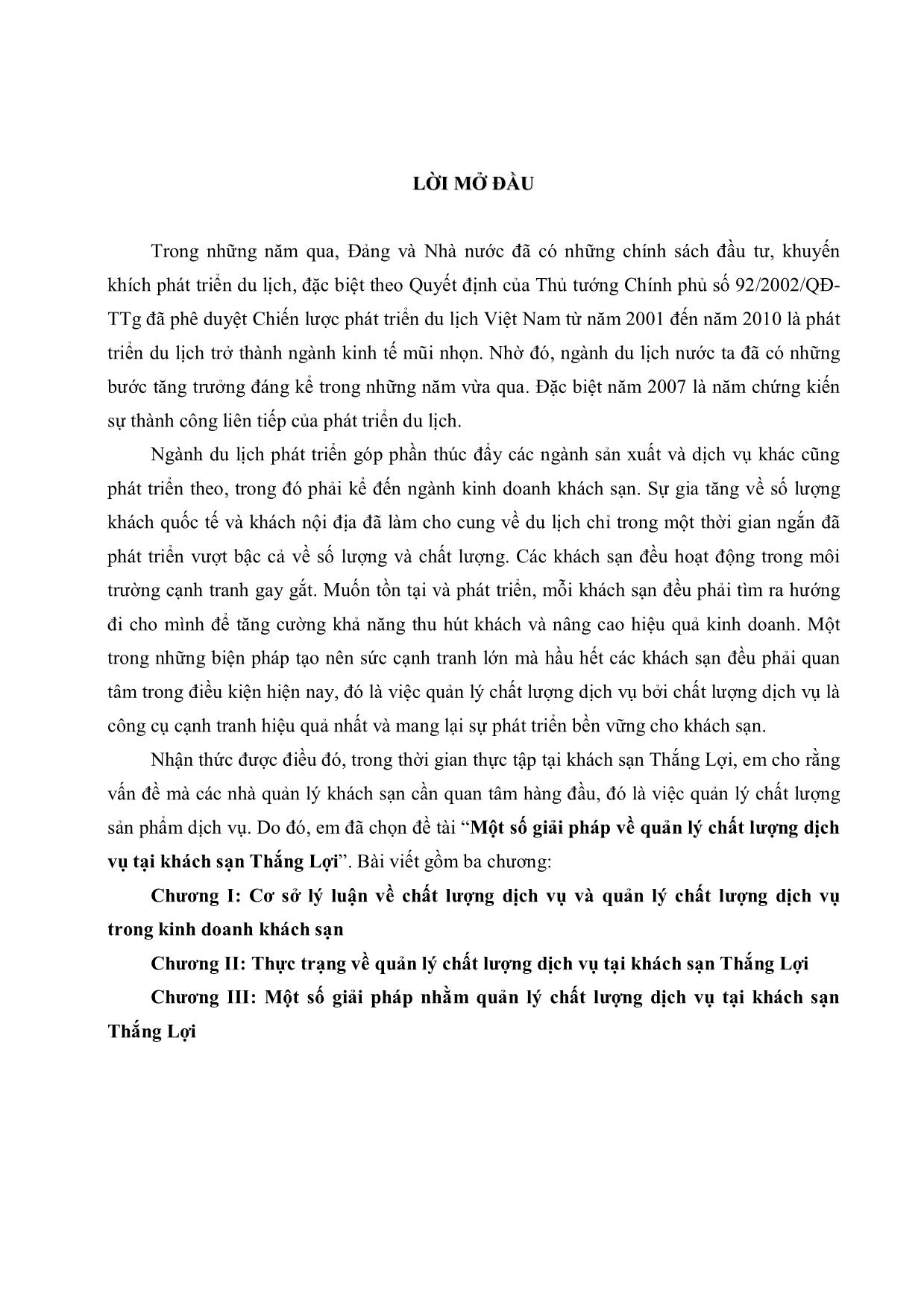 Một số giải pháp về quản lý chất lượng dịch vụ tại khách sạn Thắng Lợi trang 2