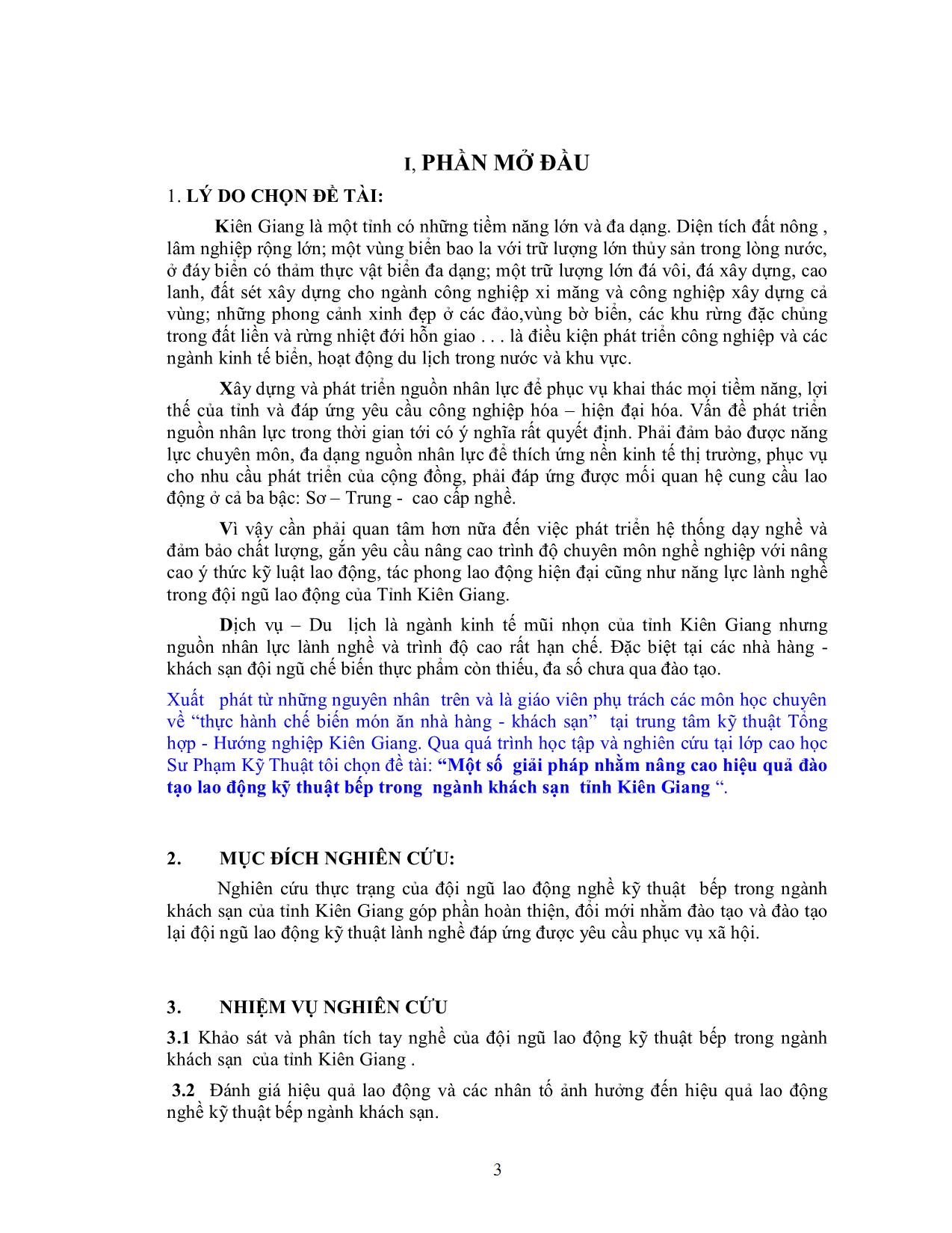Tiểu luận Một số giải pháp nhằm nâng cao hiệu quả đào tạo lao động kỹ thuật bếp trong ngành khách sạn tỉnh Kiên Giang trang 3