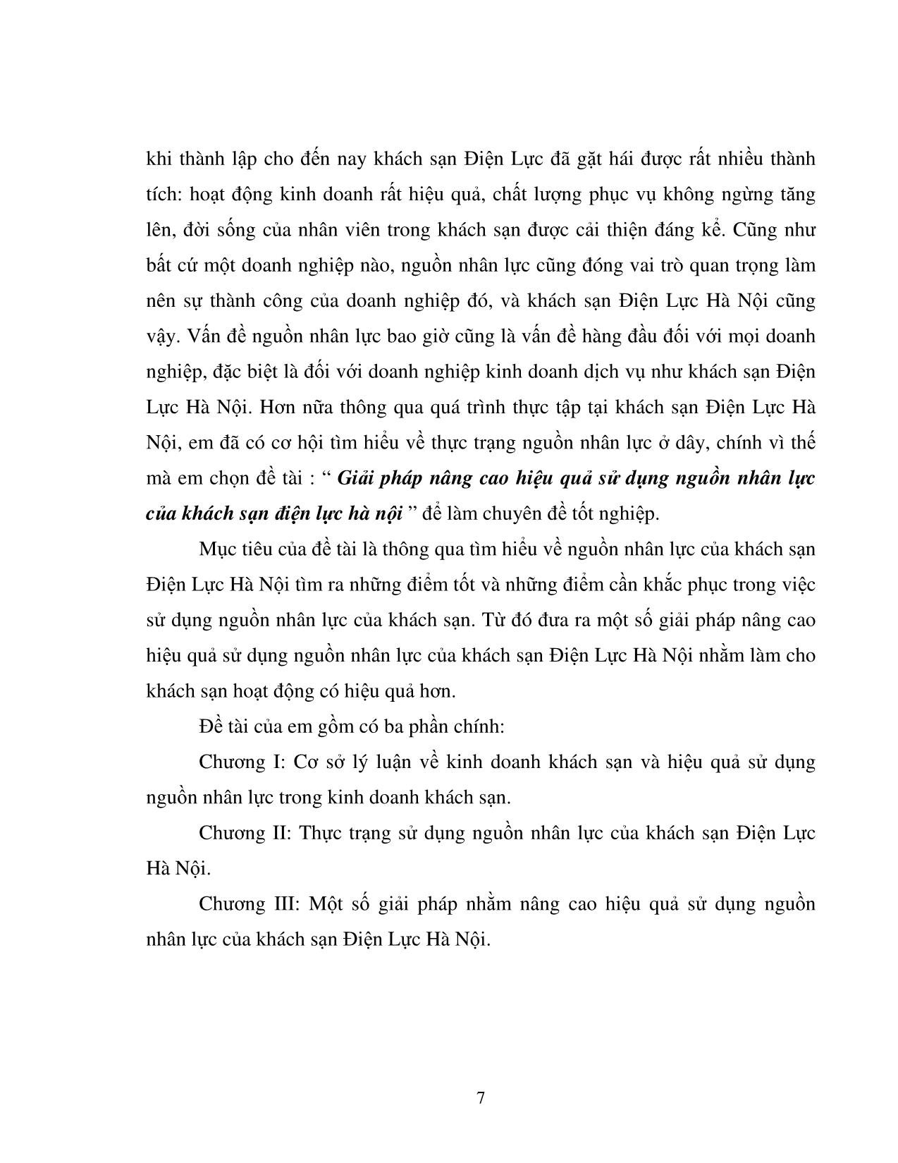 Giải pháp nâng cao hiệu quả sử dụng nguồn nhân lực của Khách sạn Điện Lực Hà Nội trang 7