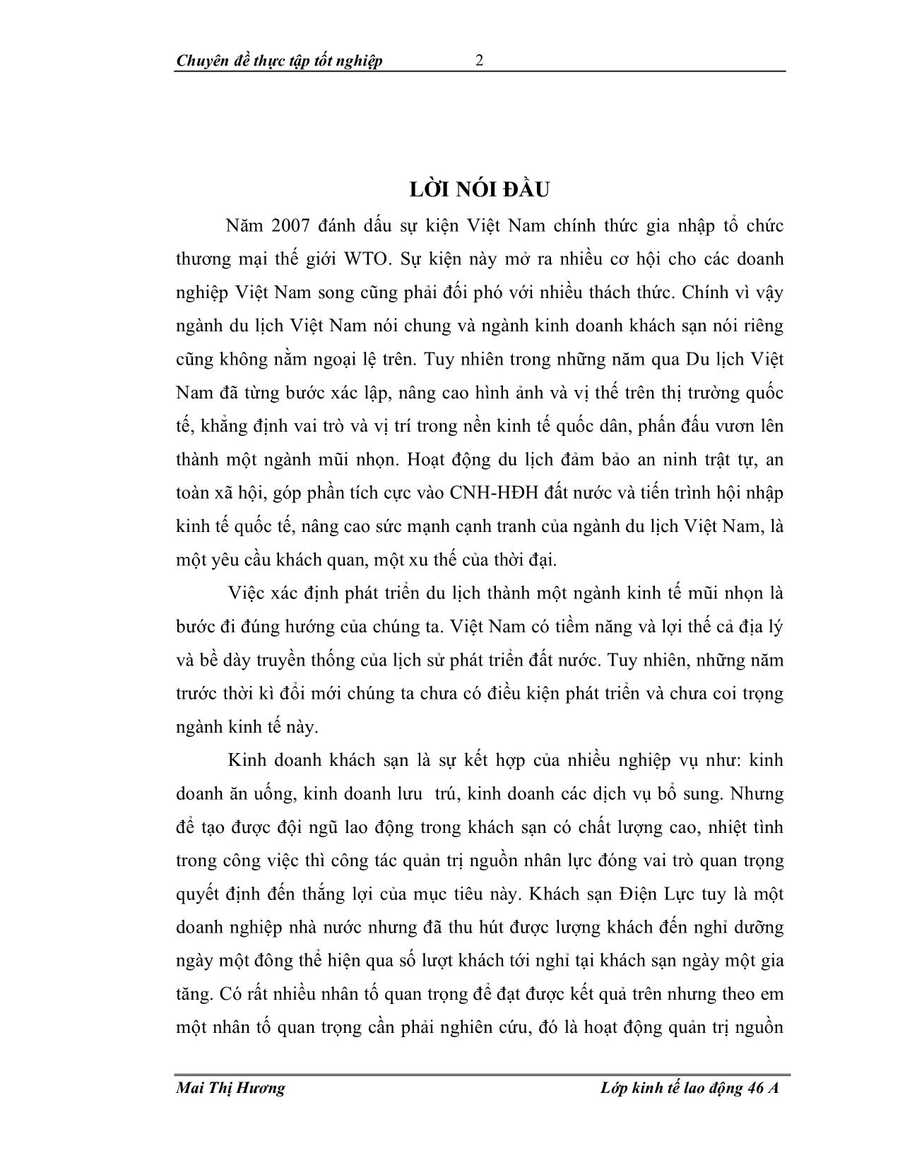 Đề tài Một số kiến nghị hoàn thiện quản lý nguồn nhân lực để nâng cao hiệu quả kinh doanh của khách sạn Điện Lực Hà Nội trang 2