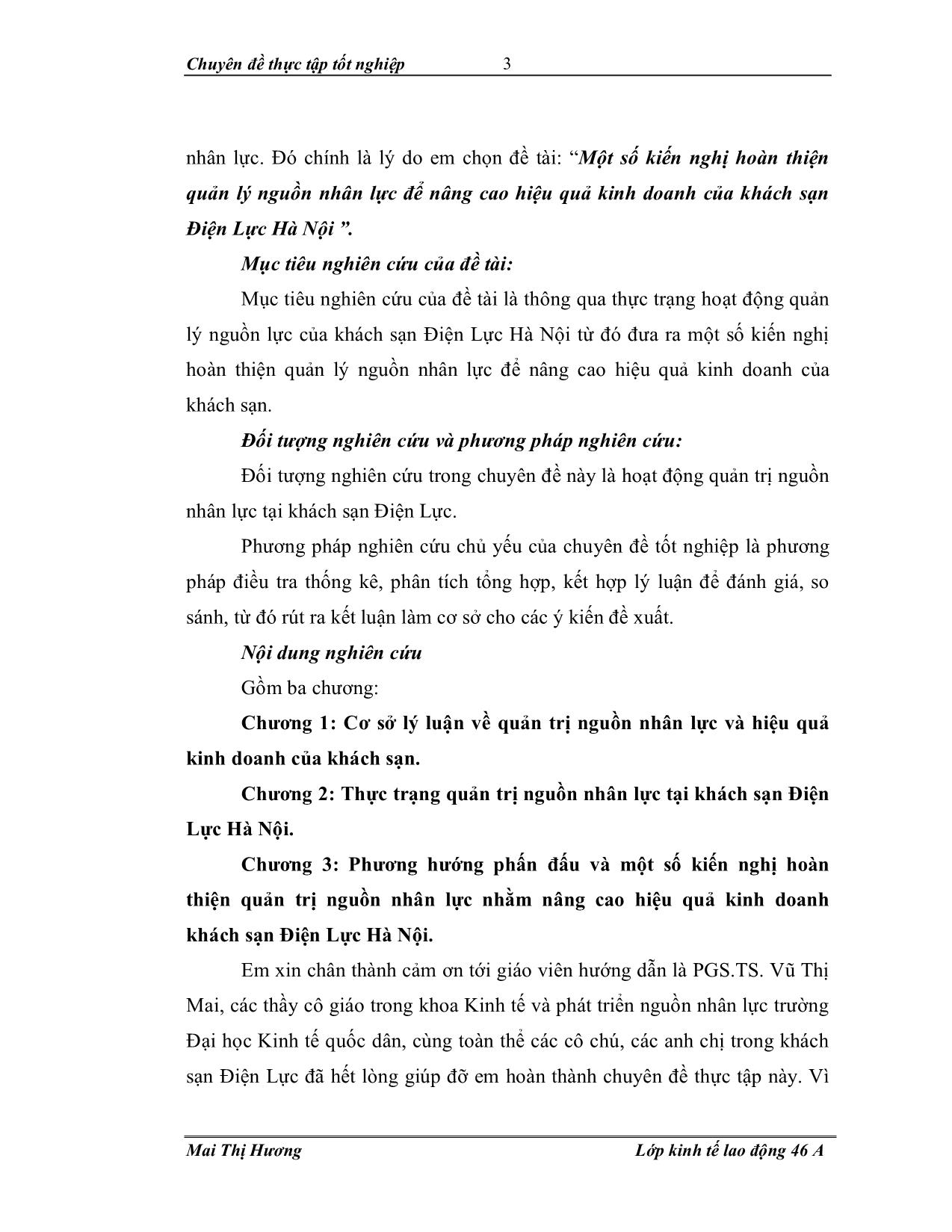 Đề tài Một số kiến nghị hoàn thiện quản lý nguồn nhân lực để nâng cao hiệu quả kinh doanh của khách sạn Điện Lực Hà Nội trang 3
