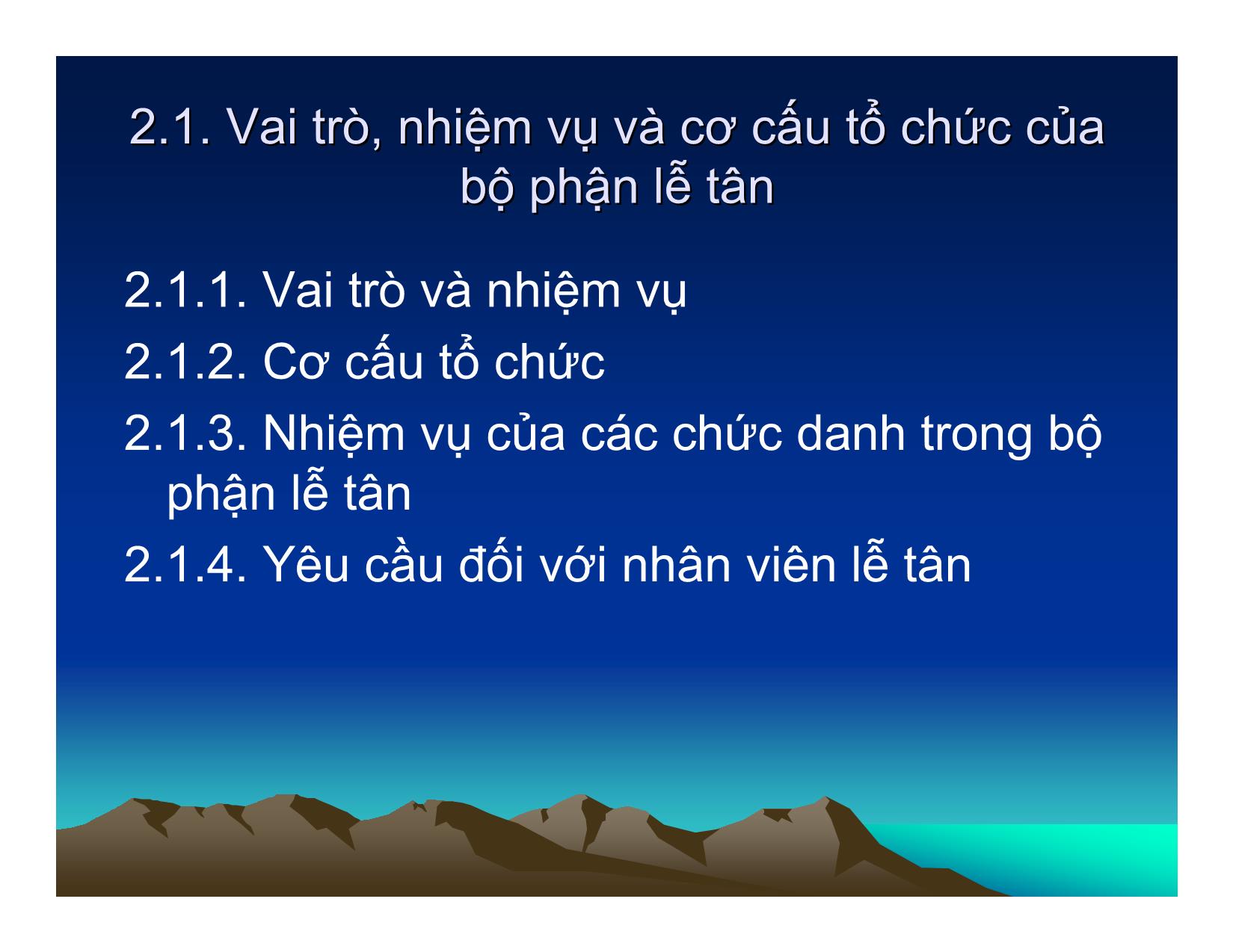 Bài giảng Quy trình phục vụ trong Khách sạn & Nhà hàng - Chương 2: Quy trình phục vụ ở bộ phận lễ tân| trang 2